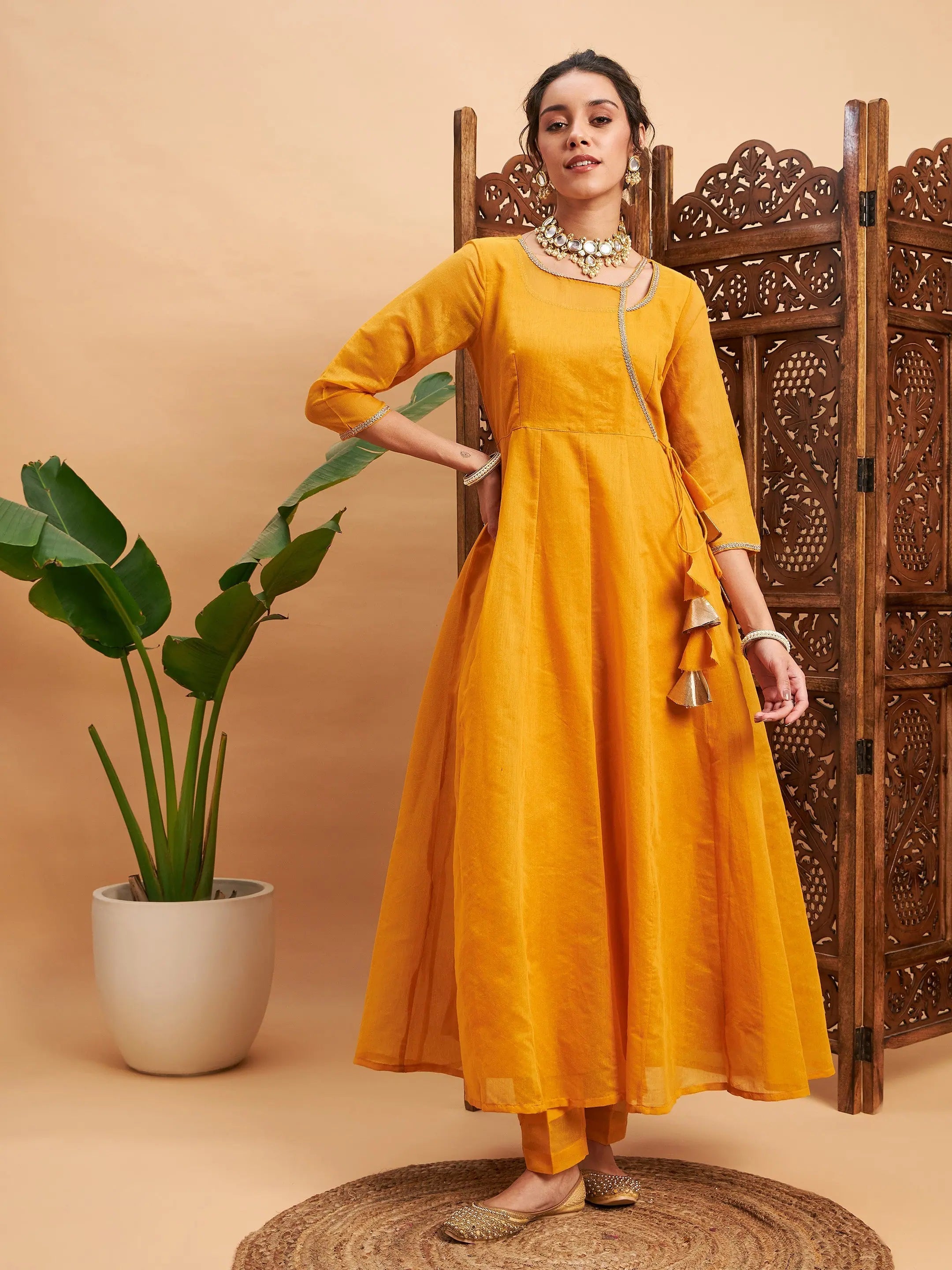 Mustard Anarkali Kurta for Women | Solid Chanderi Anarkali Gown