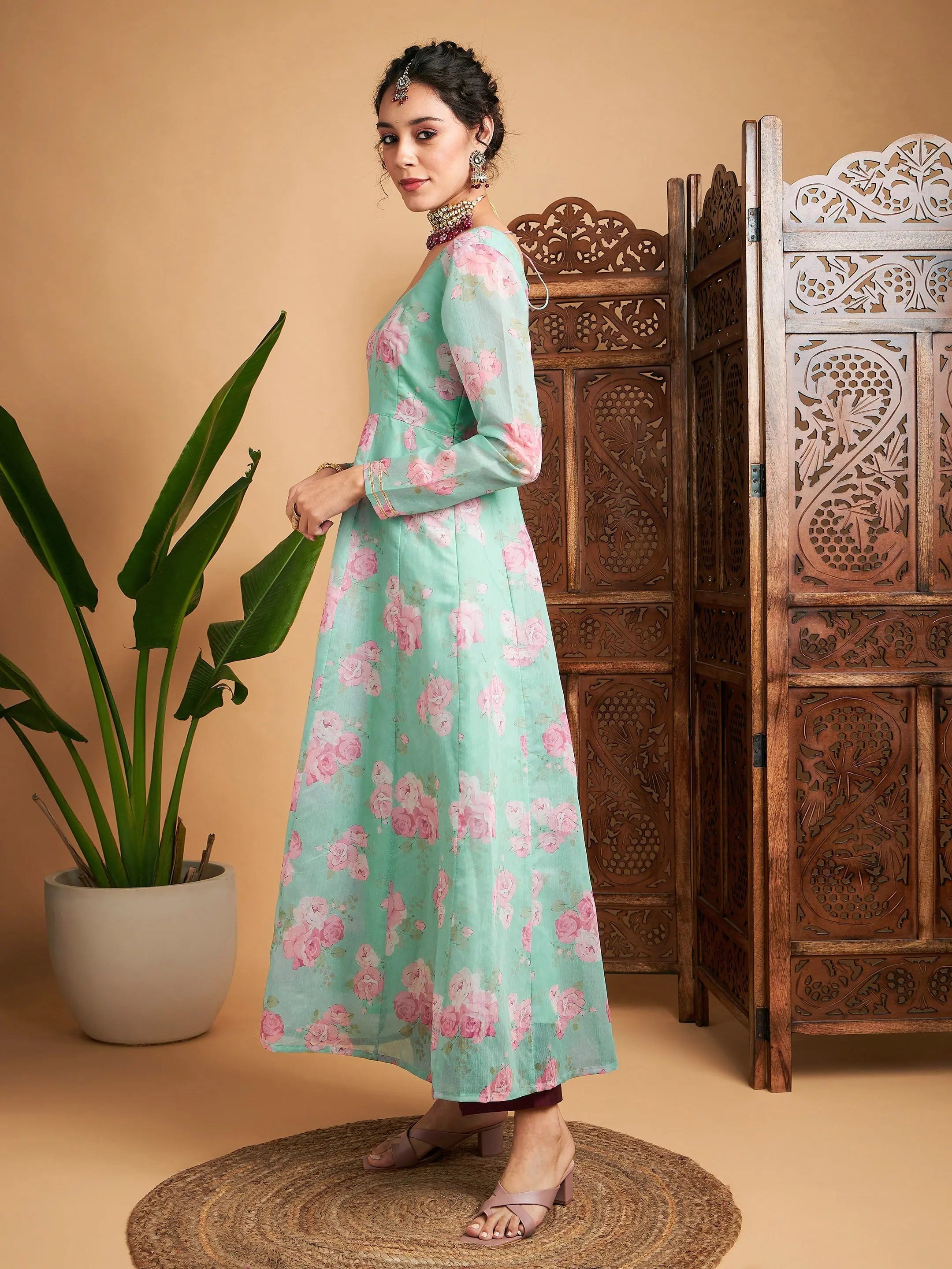 Women's Blue Floral Anarkali Kurta | Maxi Dress for Parties