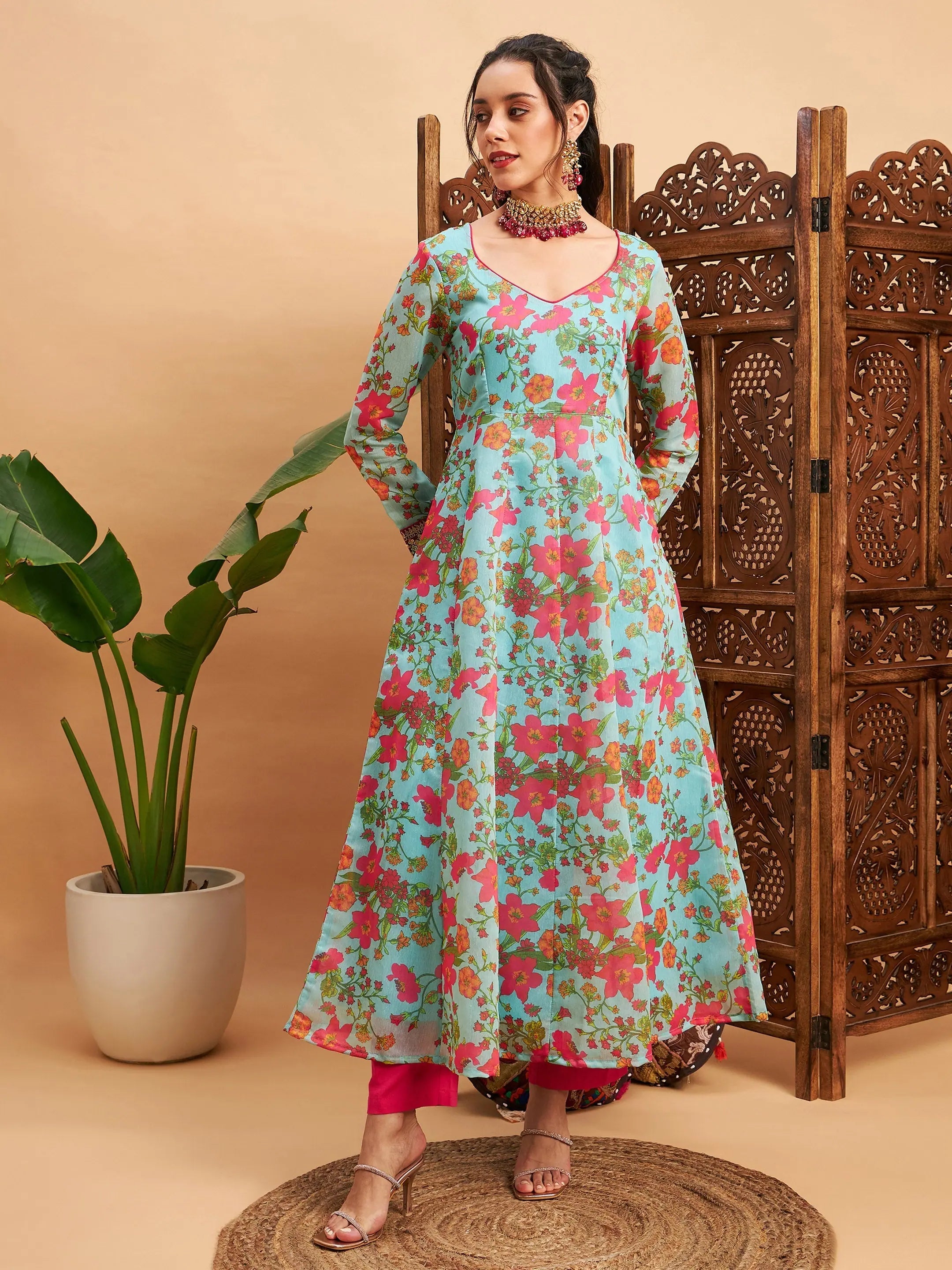Blue Floral Anarkali Kurti | Women's Sweatheart Neck Maxi Dress