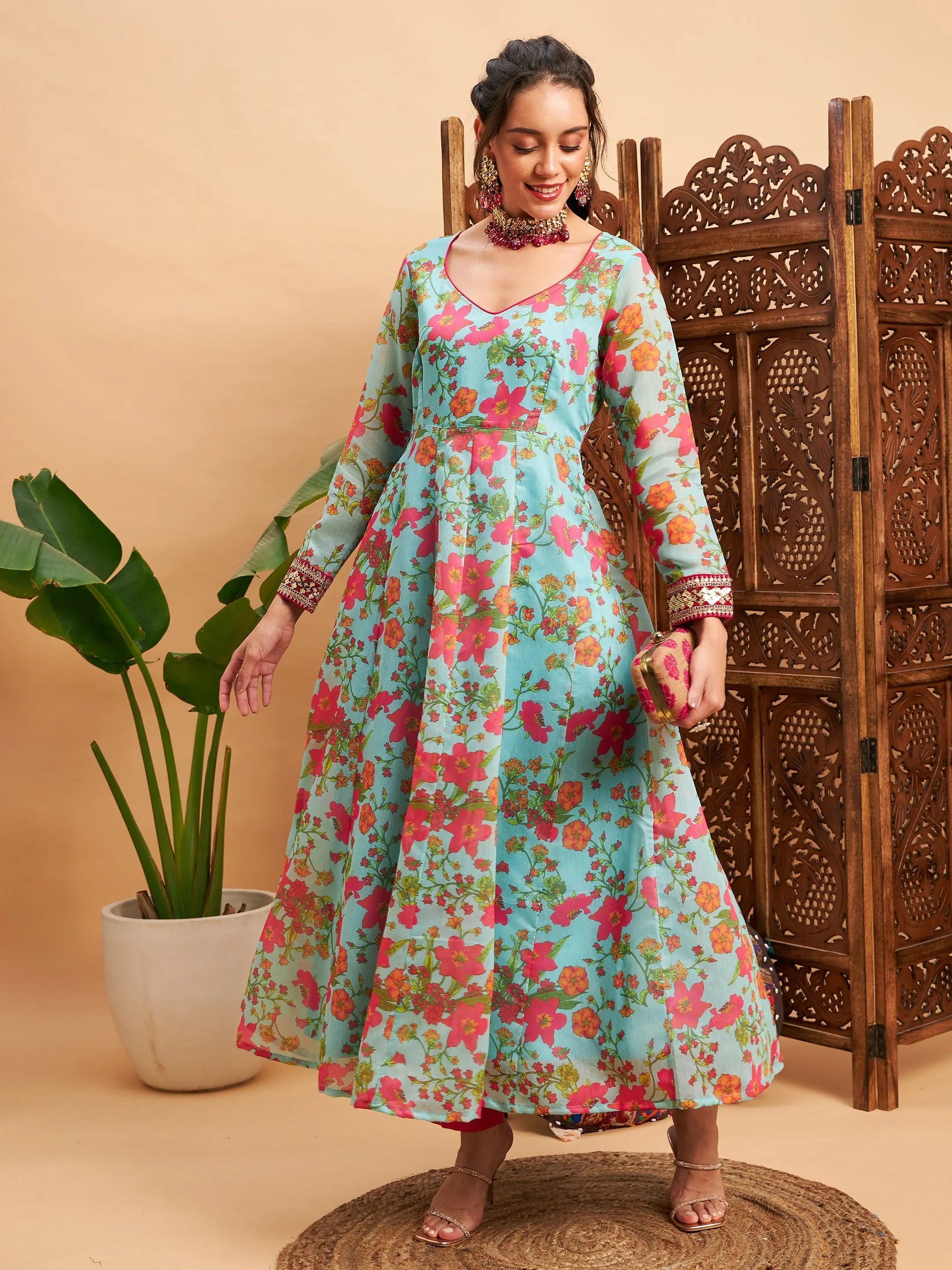 Blue Floral Anarkali Kurti | Women's Sweatheart Neck Maxi Dress