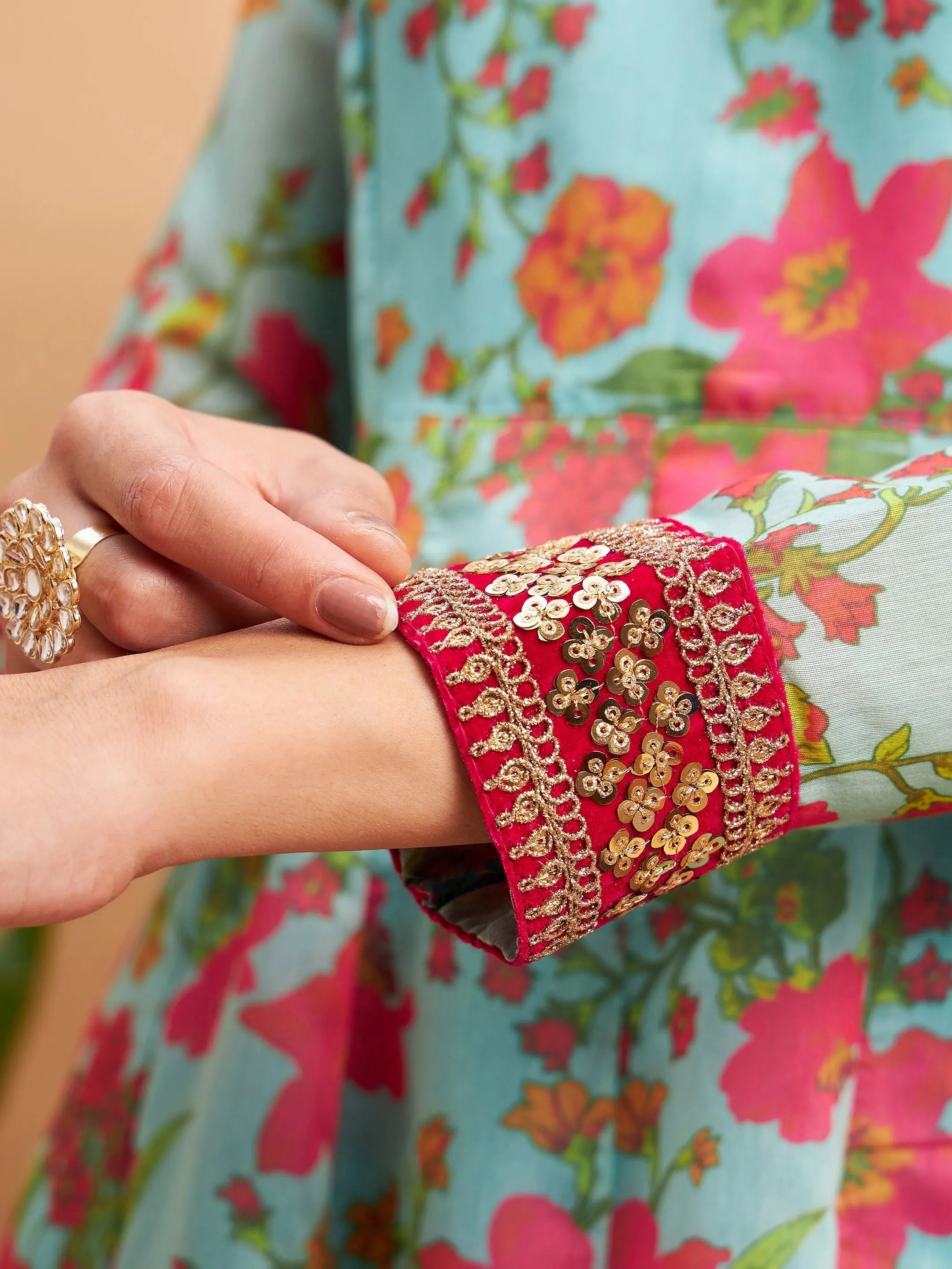 Blue Floral Anarkali Kurti | Women's Sweatheart Neck Maxi Dress