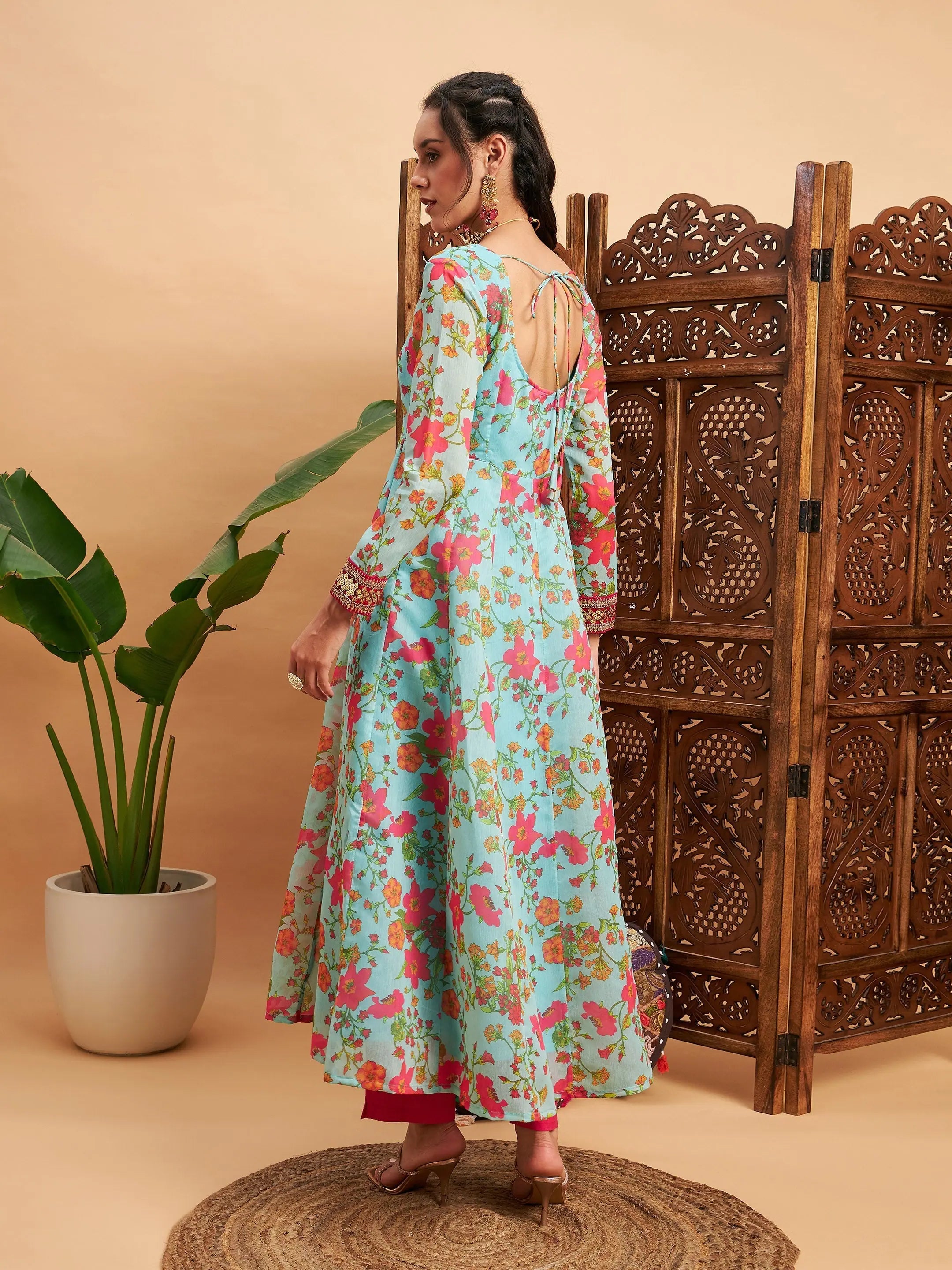 Blue Floral Anarkali Kurti | Women's Sweatheart Neck Maxi Dress