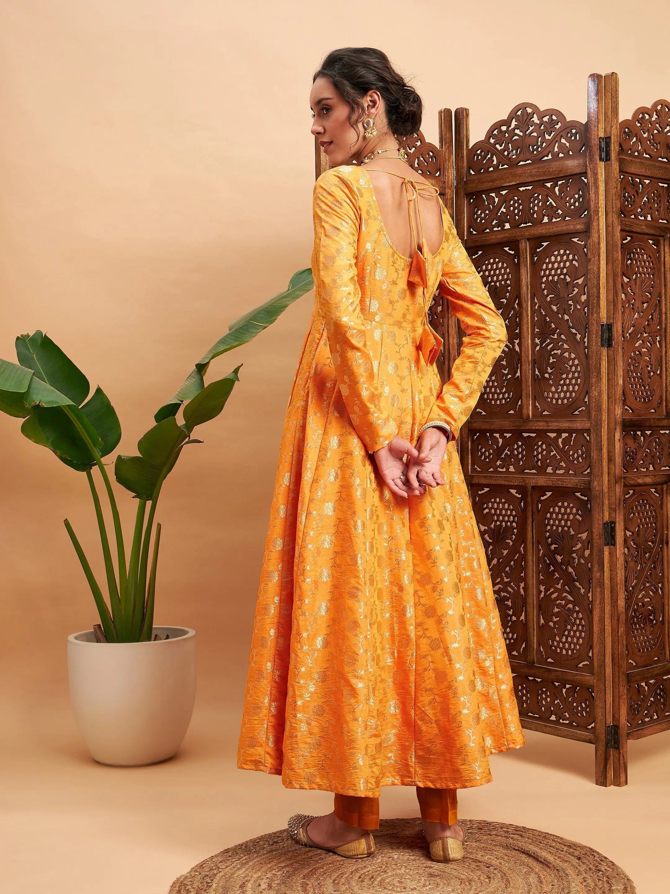 Mustard Floral Anarkali Kurta | Women's Brocade Maxi Dress