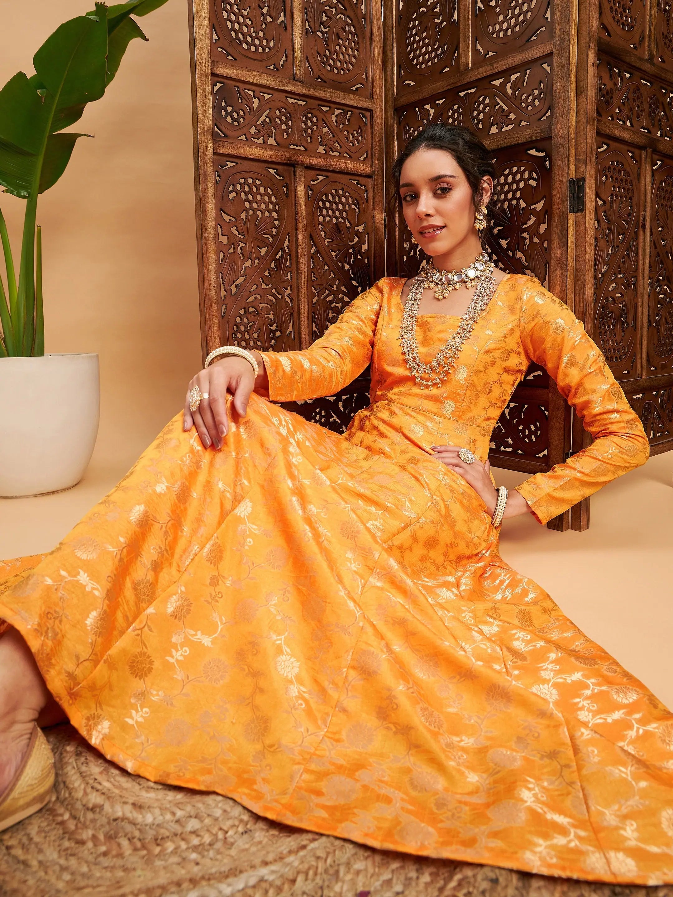 Mustard Floral Anarkali Kurta | Women's Brocade Maxi Dress