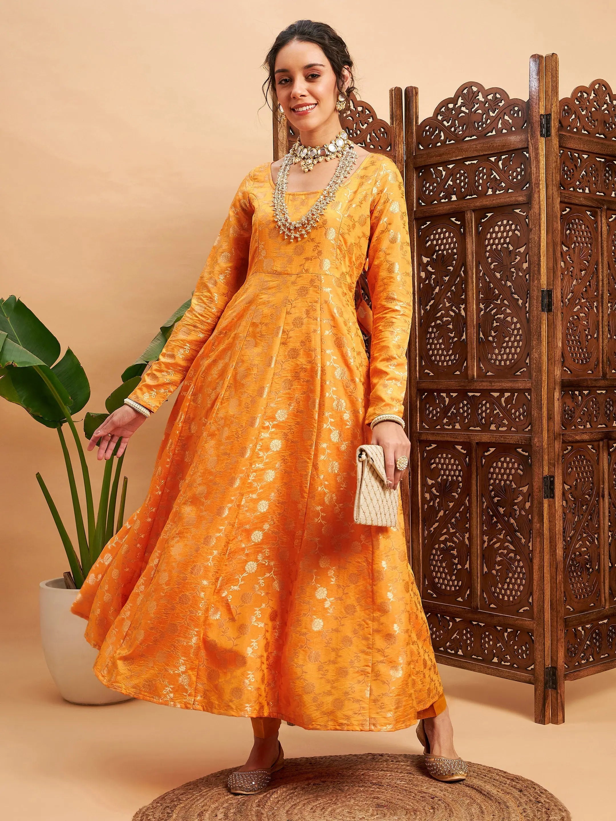 Mustard Floral Anarkali Kurta | Women's Brocade Maxi Dress