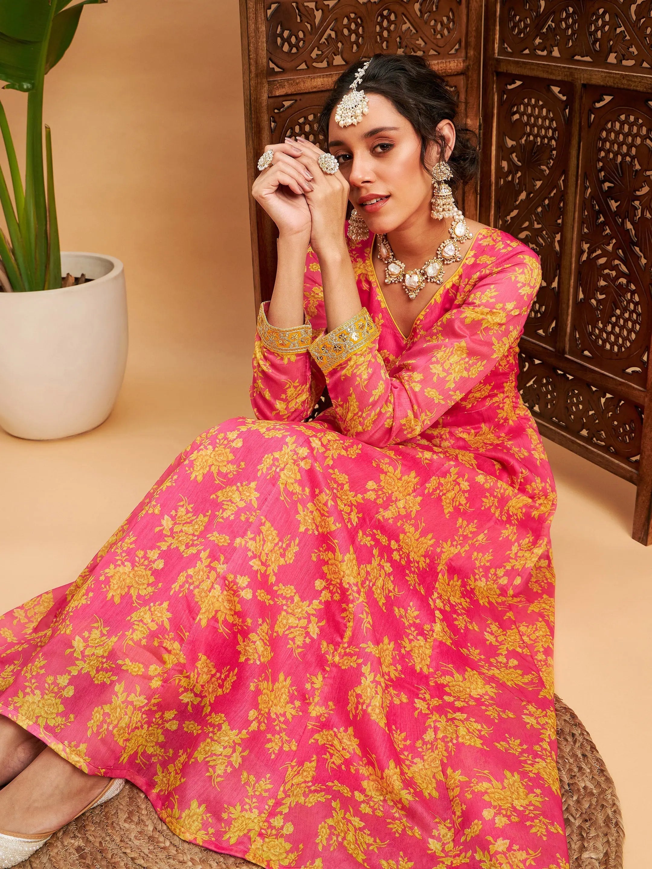 Fuchsia Floral Anarkali Kurti | Women's Anarkali Gown