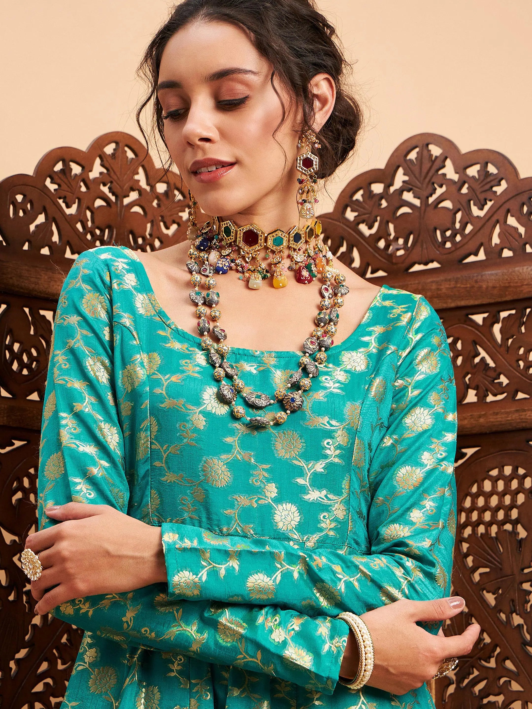 Teal Floral Brocade Anarkali Maxi Kurta | Anarkali Suits