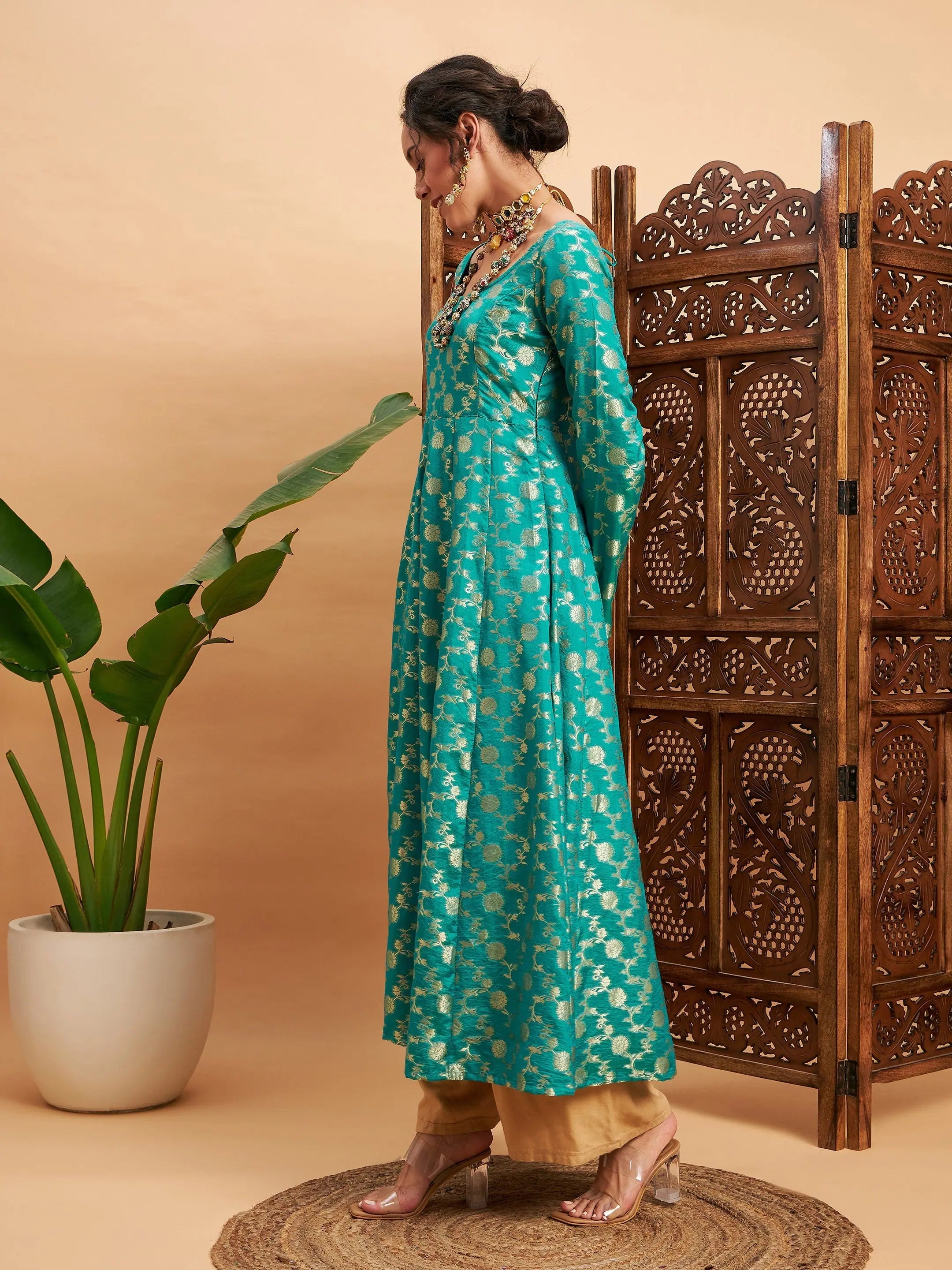 Teal Floral Brocade Anarkali Maxi Kurta | Anarkali Suits