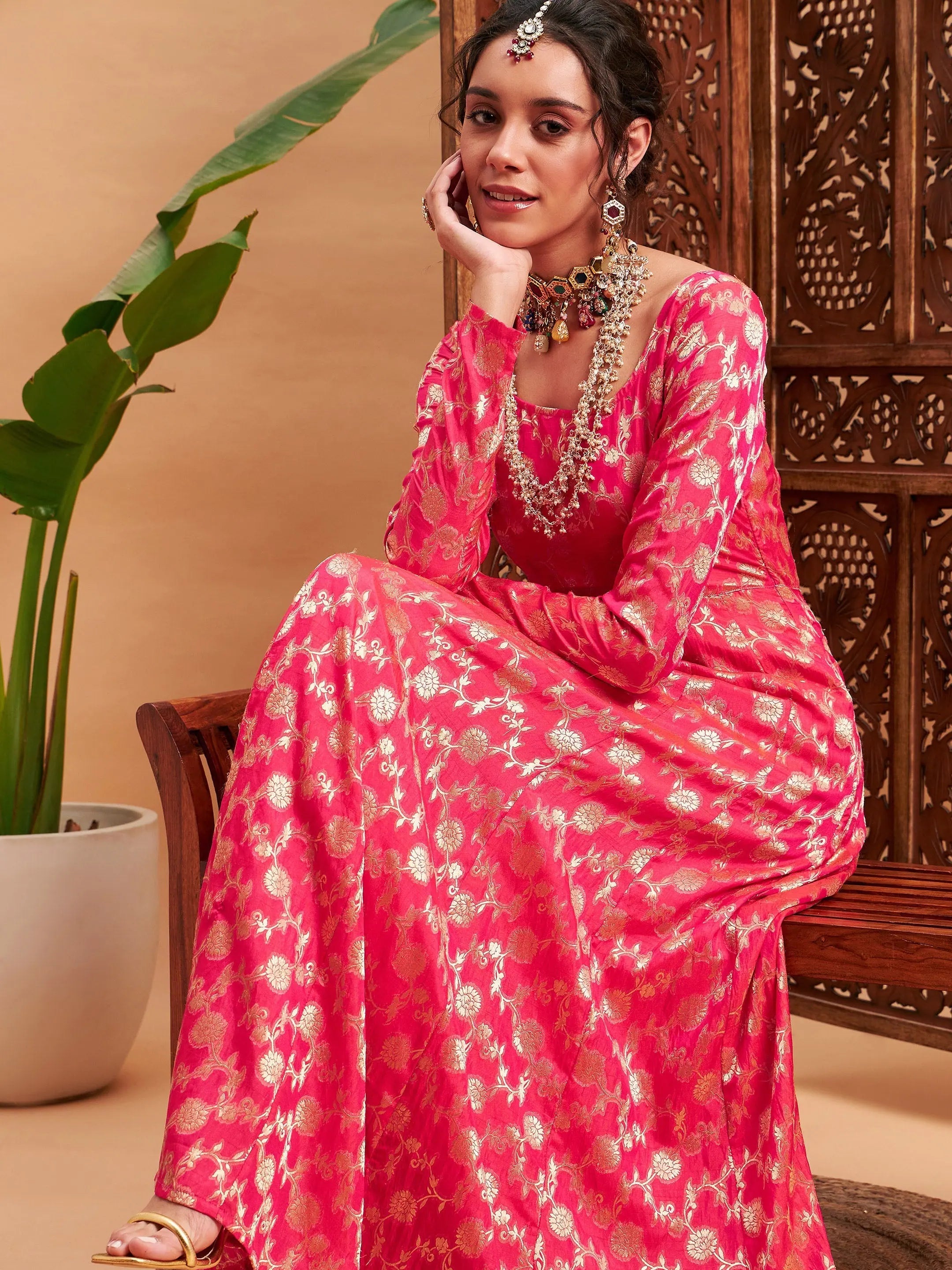 Fuchsia Floral Brocade Anarkali Maxi Kurta | Anarkali Dress
