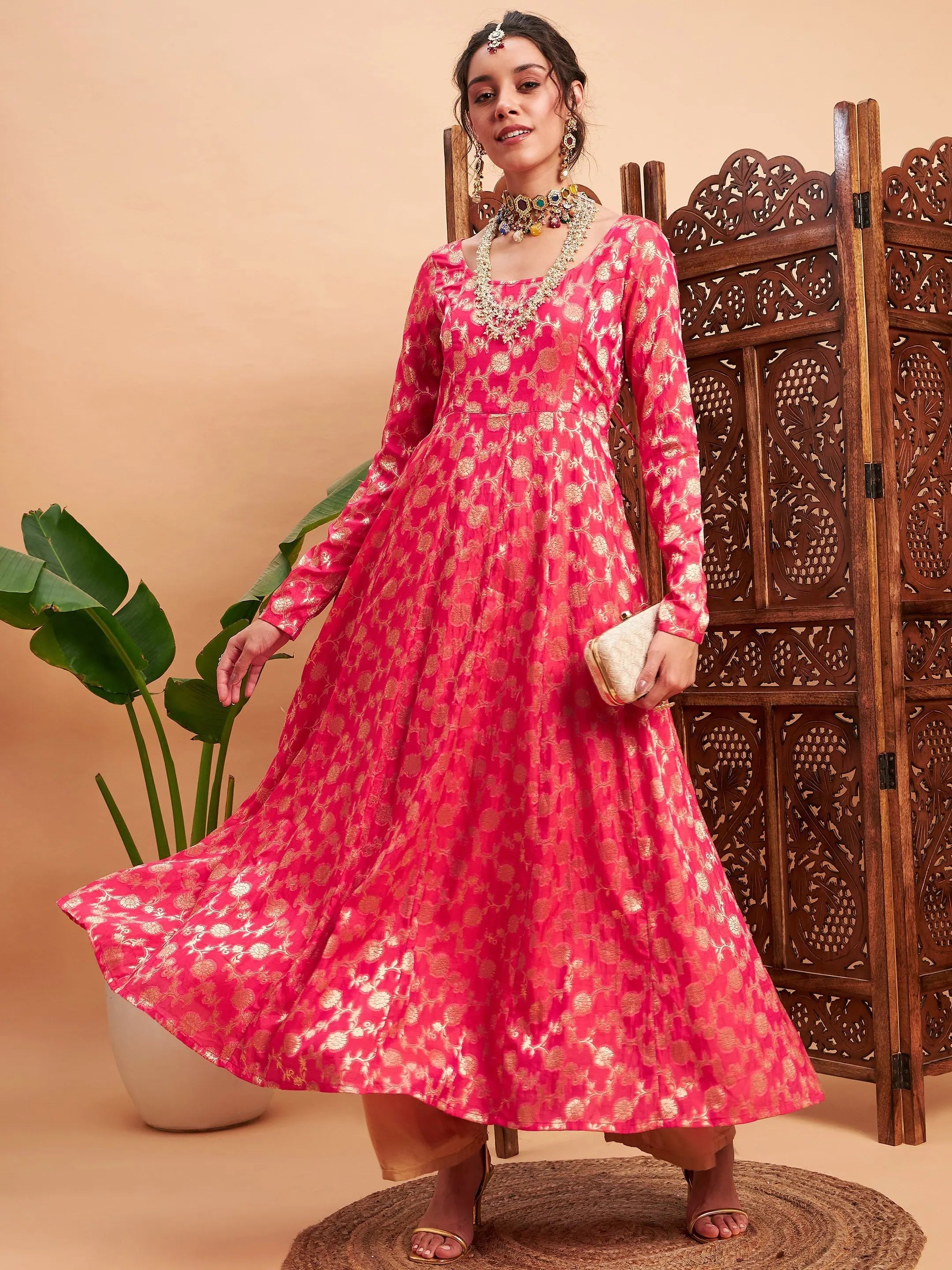 Fuchsia Floral Brocade Anarkali Maxi Kurta | Anarkali Dress