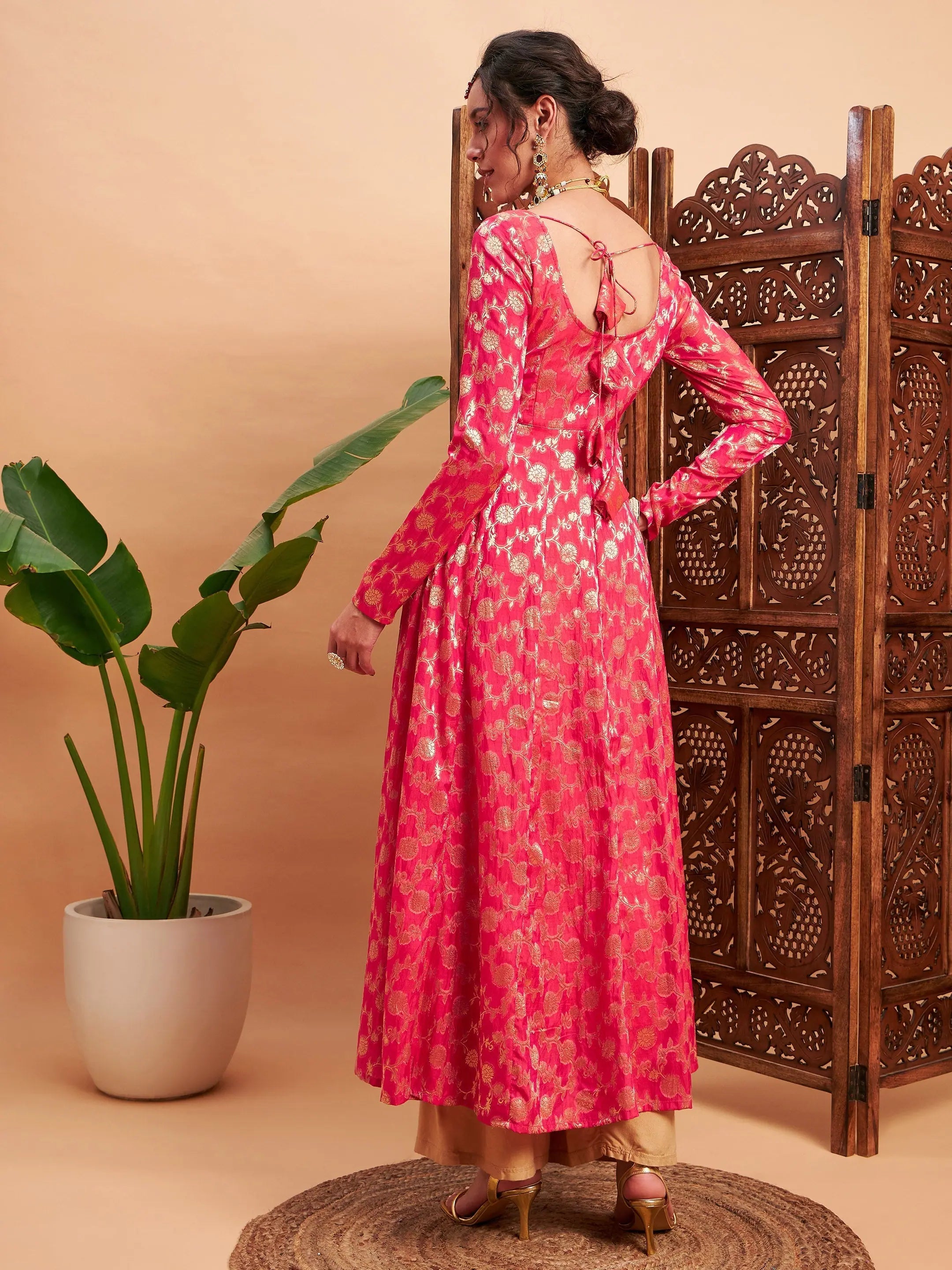 Fuchsia Floral Brocade Anarkali Maxi Kurta | Anarkali Dress