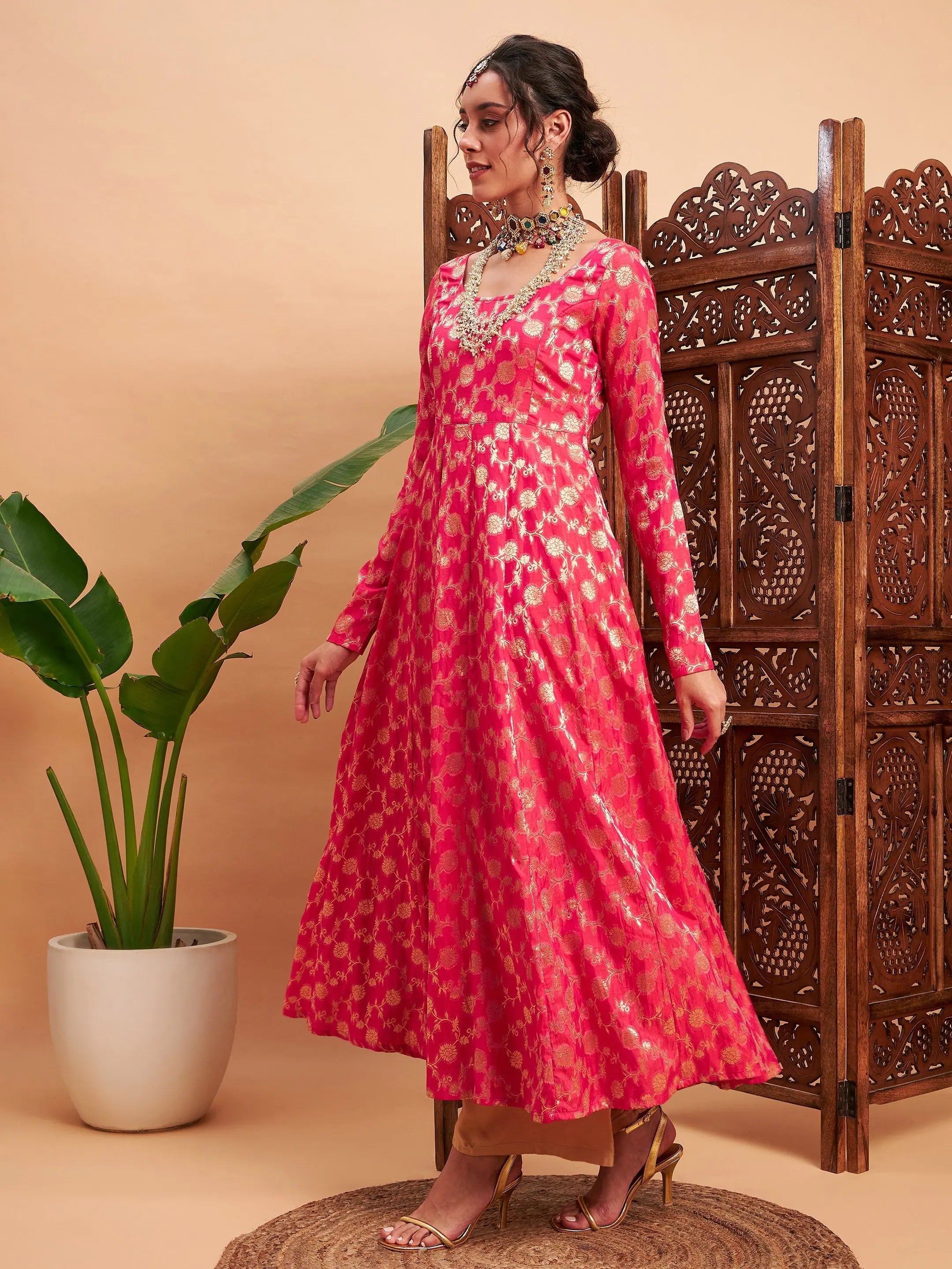 Fuchsia Floral Brocade Anarkali Maxi Kurta | Anarkali Dress