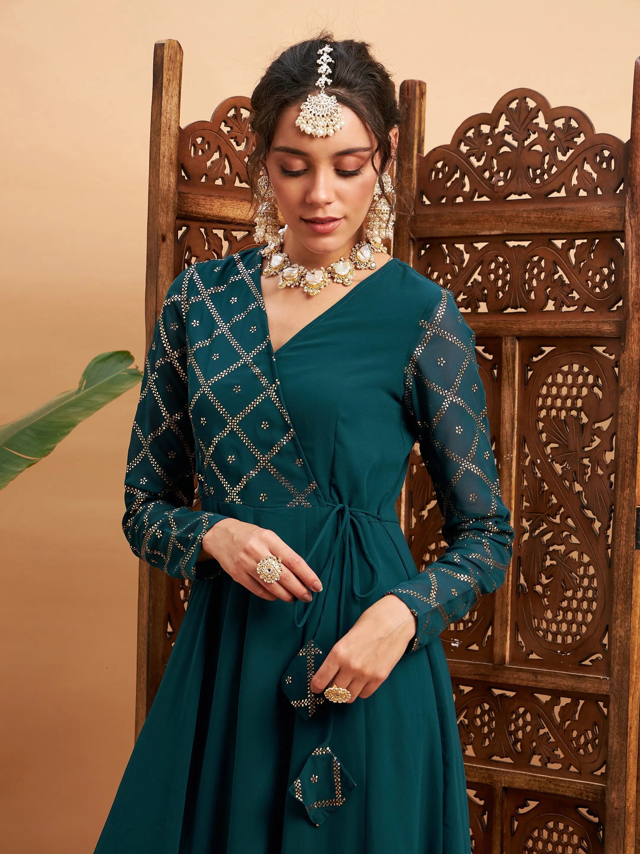 Teal Mukaish Work Anarkali Kurta | Women's Anarkali Kurtis