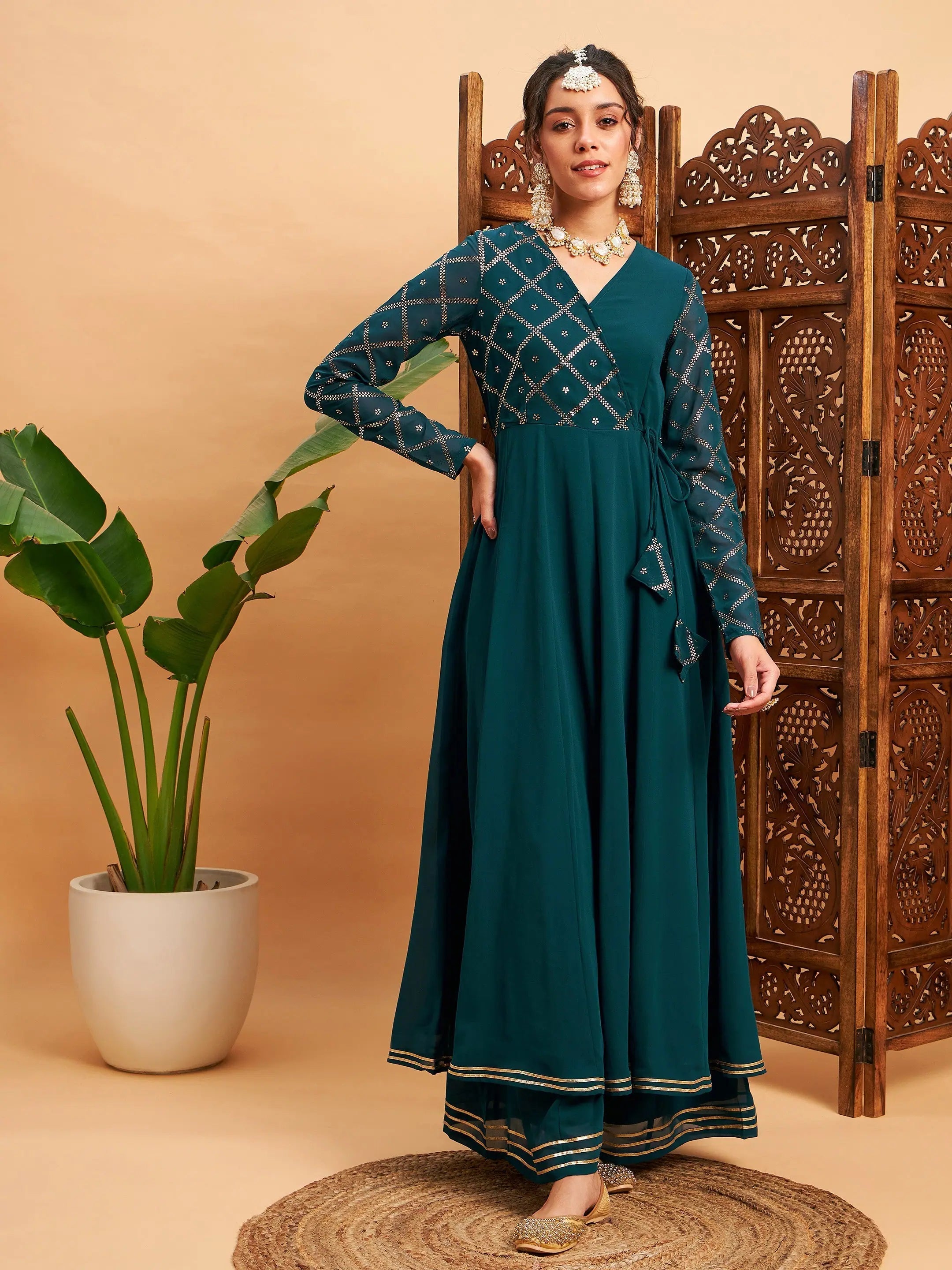 Teal Mukaish Work Anarkali Kurta | Women's Anarkali Kurtis