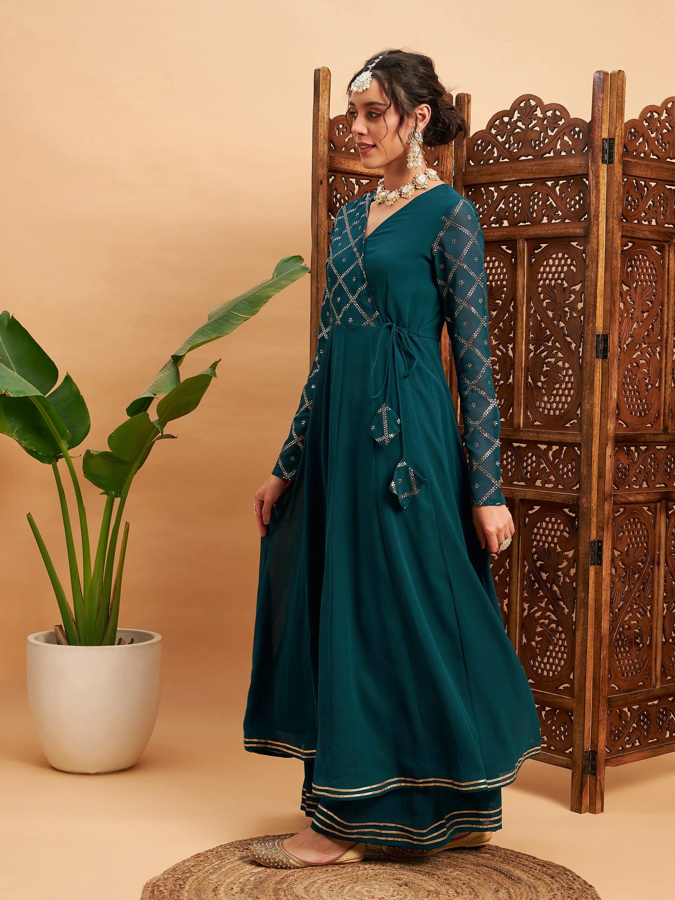 Teal Mukaish Work Anarkali Kurta | Women's Anarkali Kurtis