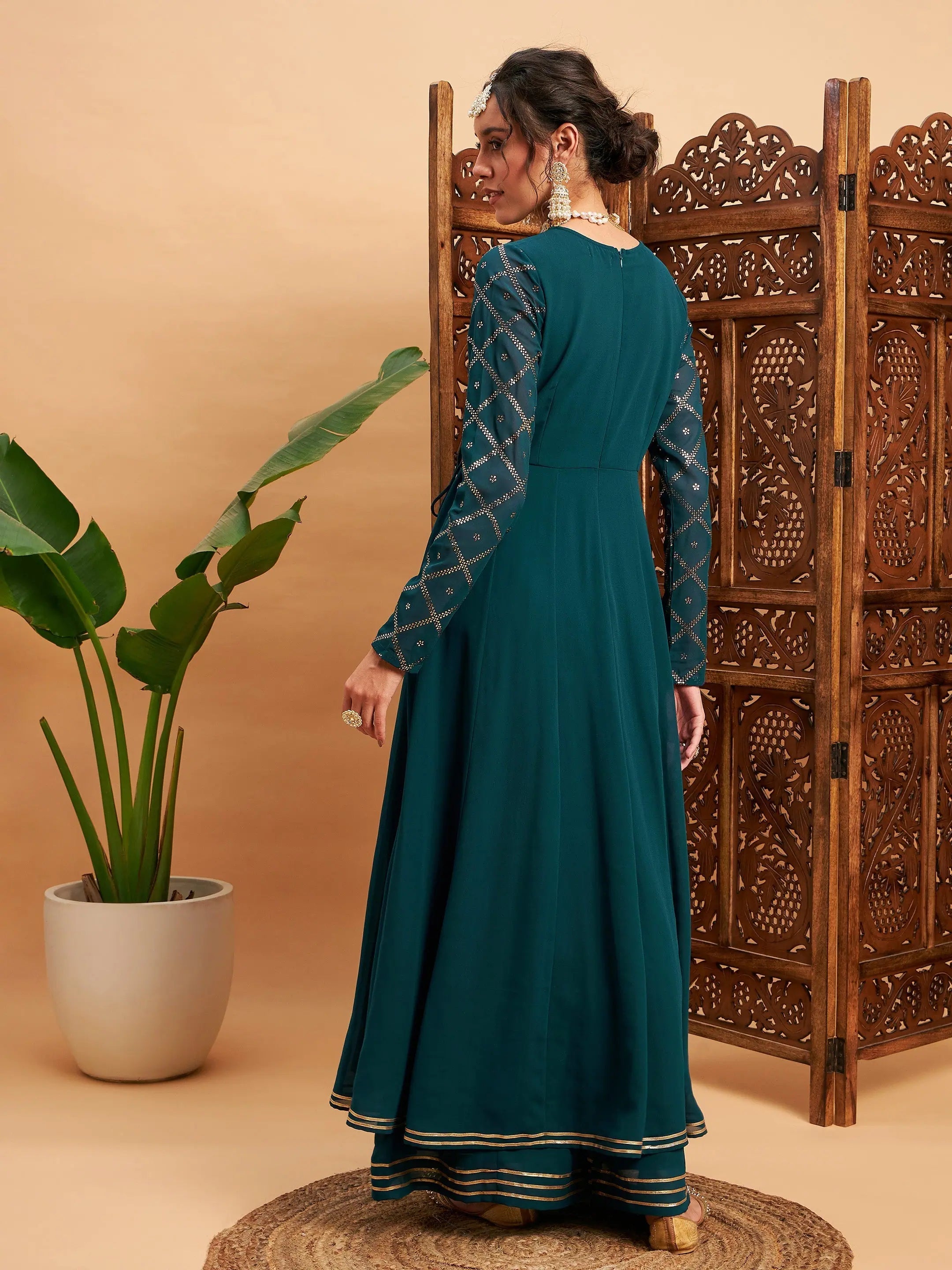 Teal Mukaish Work Anarkali Kurta | Women's Anarkali Kurtis