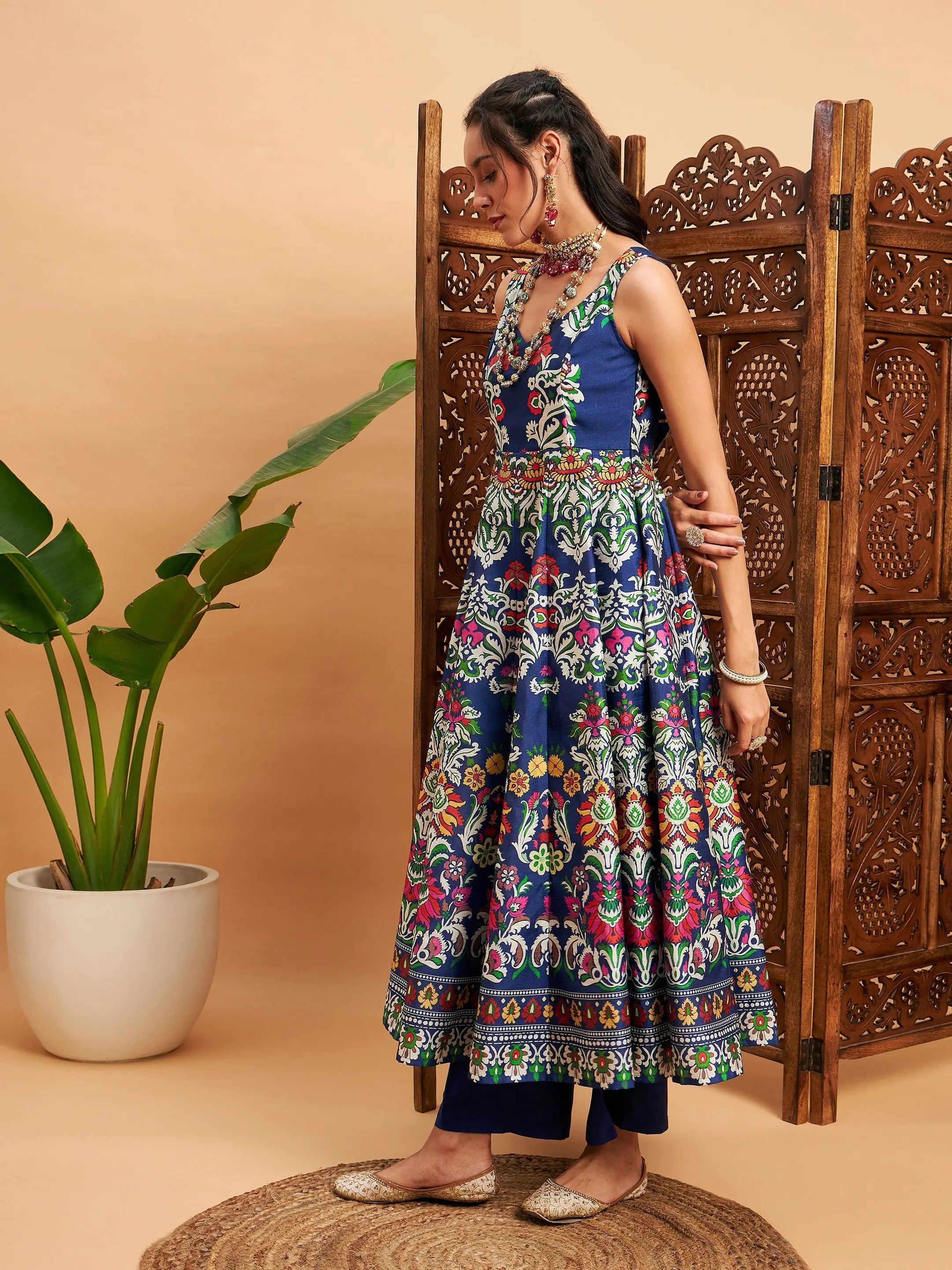 Navy Floral Anarkali Kurta - Sleeveless Anarkali Dress for Women