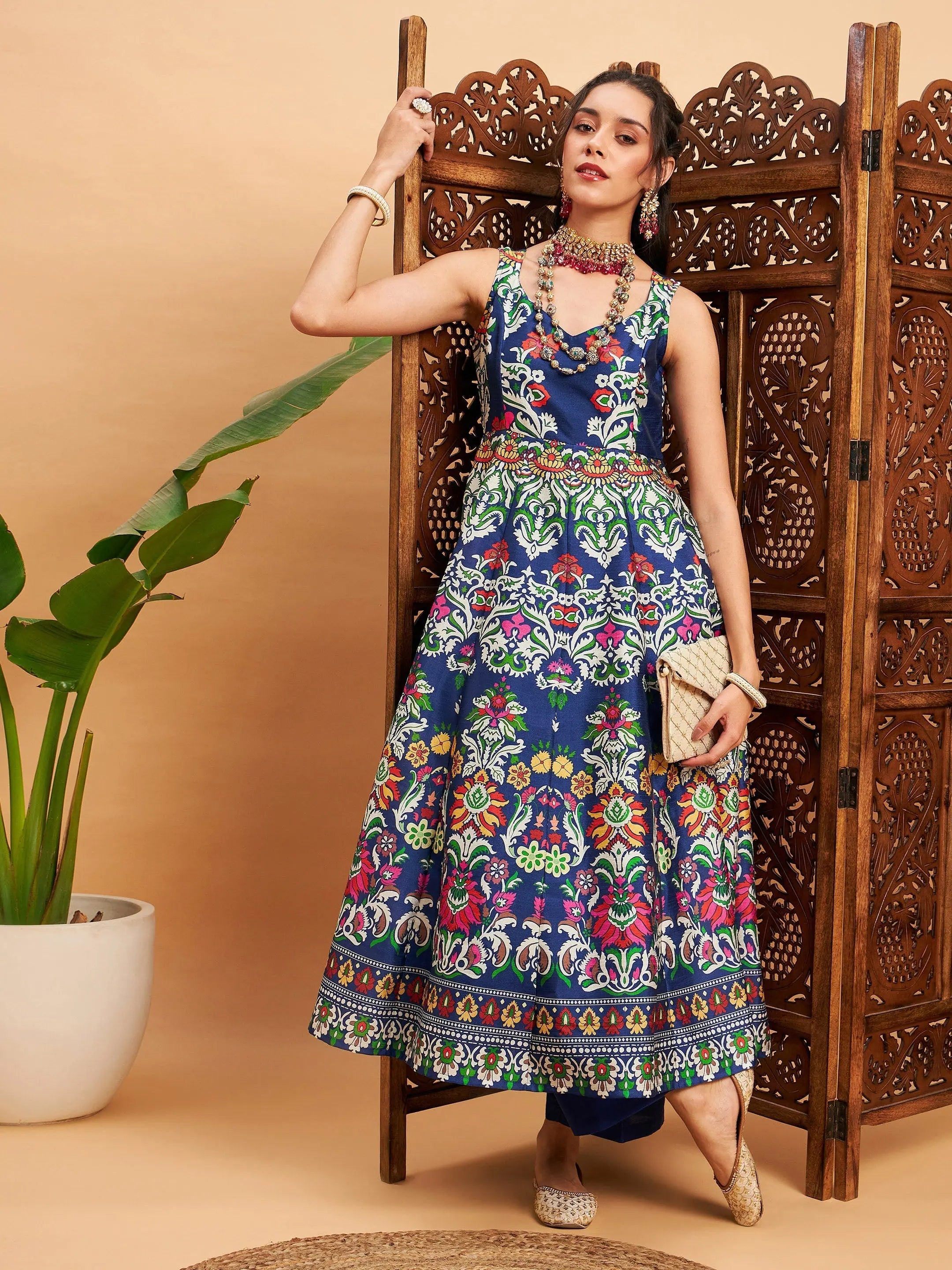 Navy Floral Anarkali Kurta - Sleeveless Anarkali Dress for Women