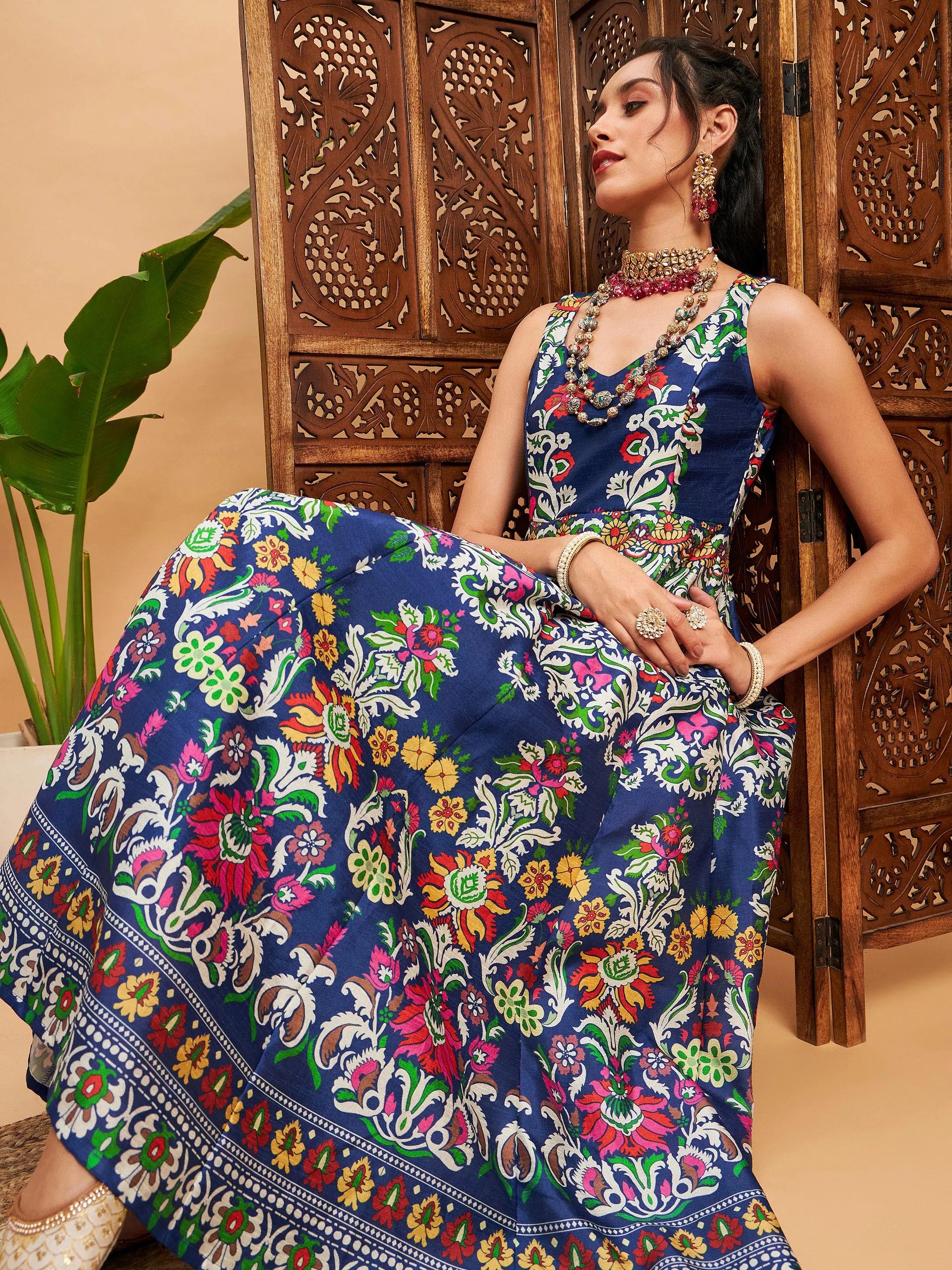 Navy Floral Anarkali Kurta - Sleeveless Anarkali Dress for Women