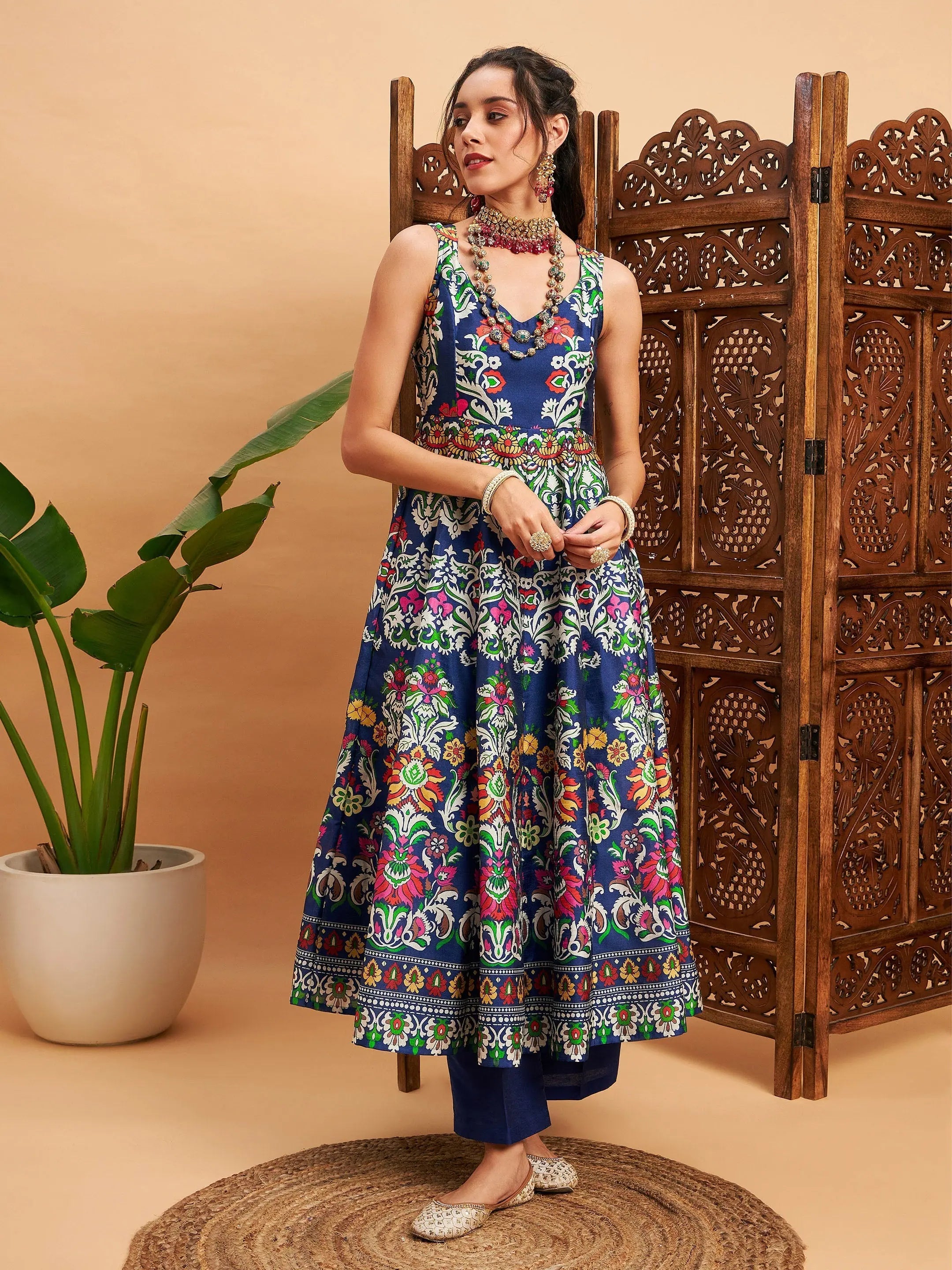 Navy Floral Anarkali Kurta - Sleeveless Anarkali Dress for Women