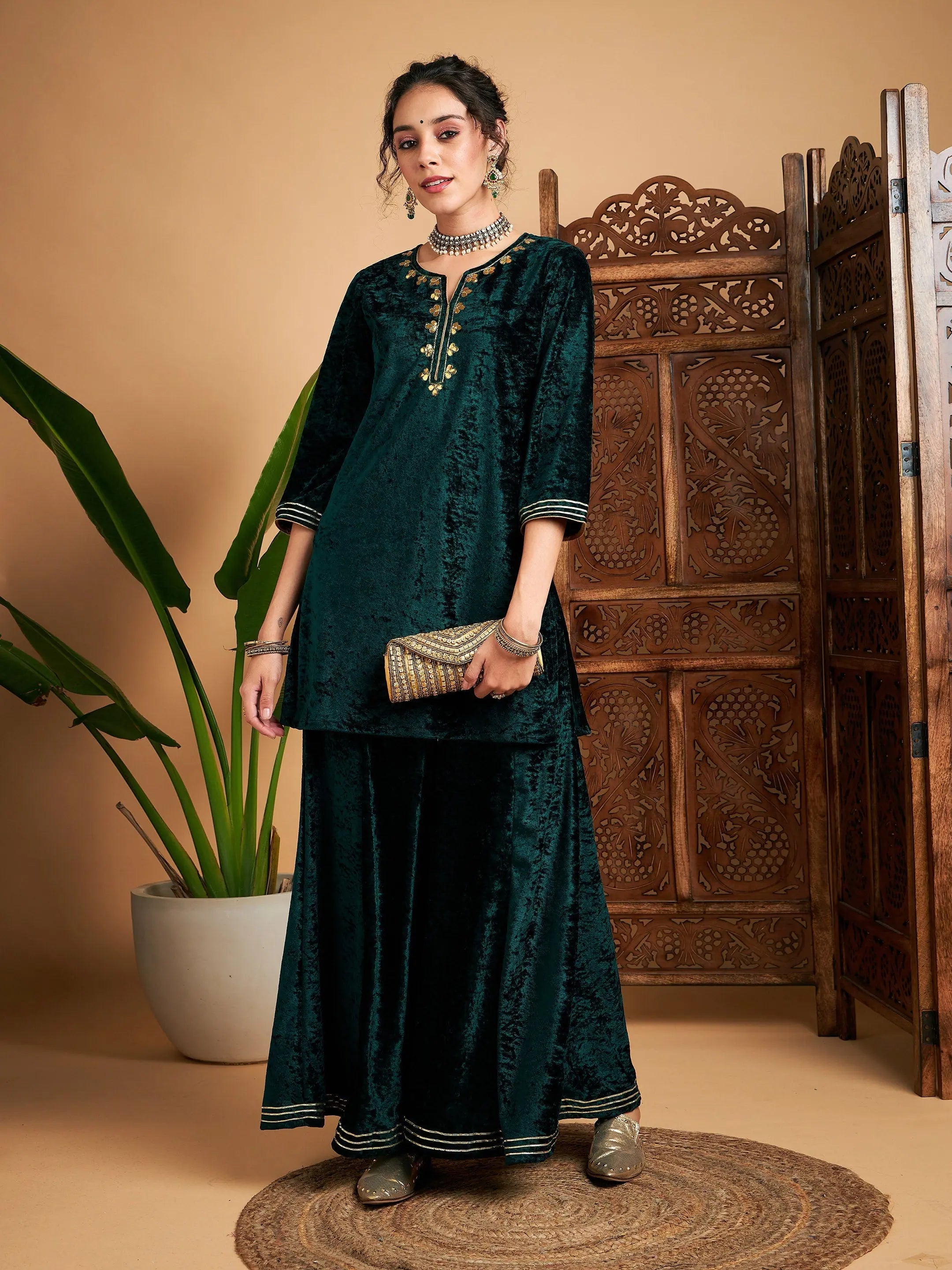 Emerald Green Velvet Kurta | Embroidered Indian Tunic Tops