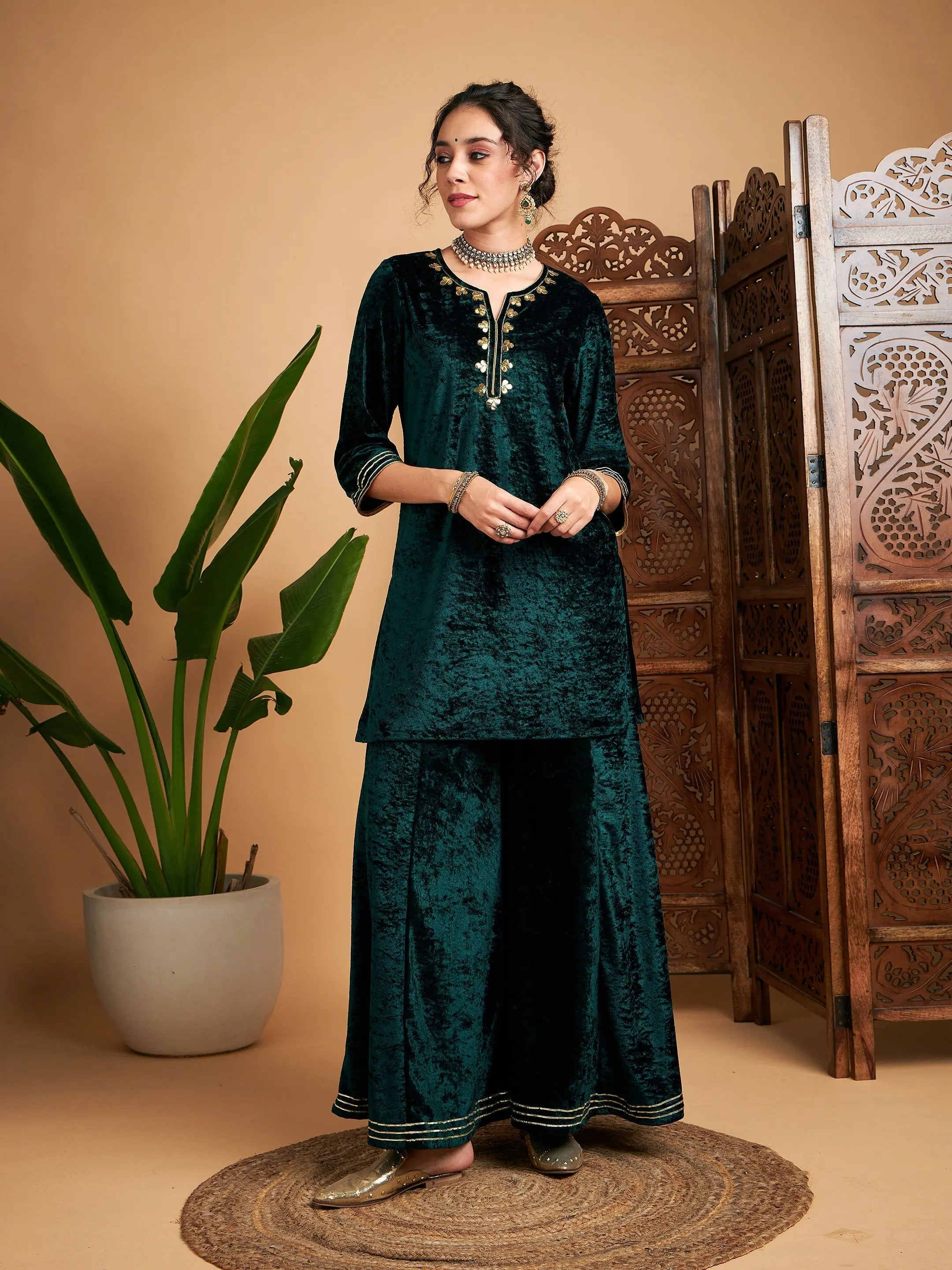 Emerald Green Velvet Kurta | Embroidered Indian Tunic Tops