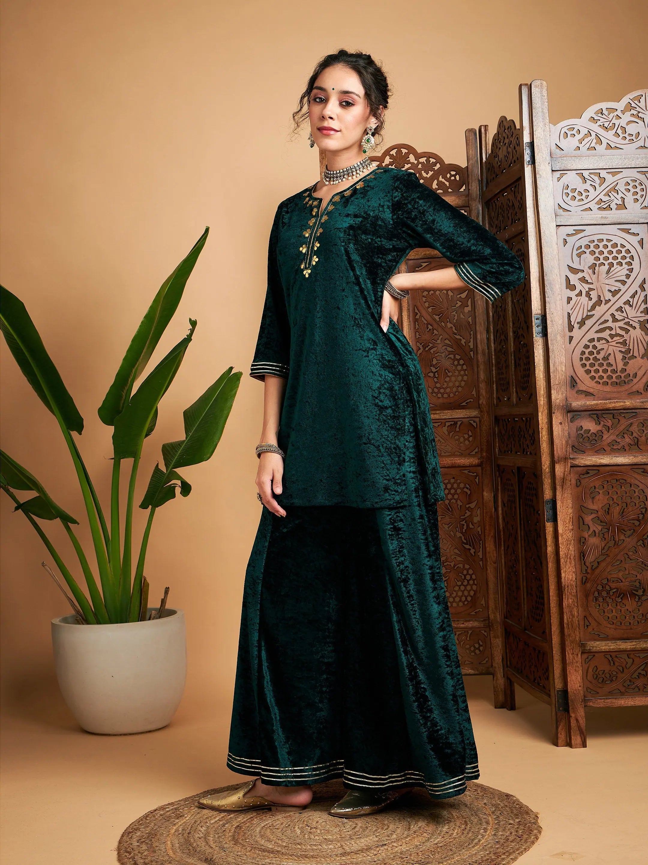 Emerald Green Velvet Kurta | Embroidered Indian Tunic Tops