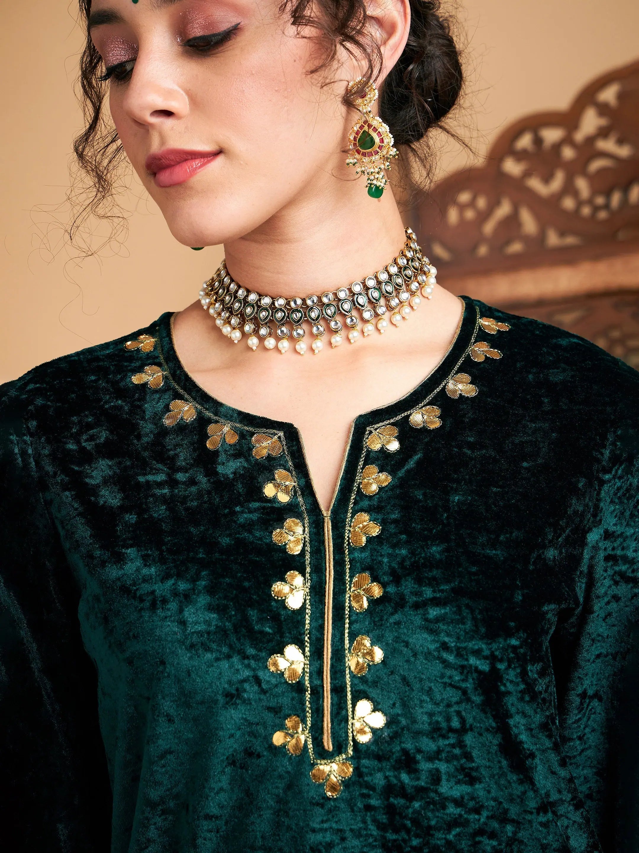 Emerald Green Velvet Kurta | Embroidered Indian Tunic Tops