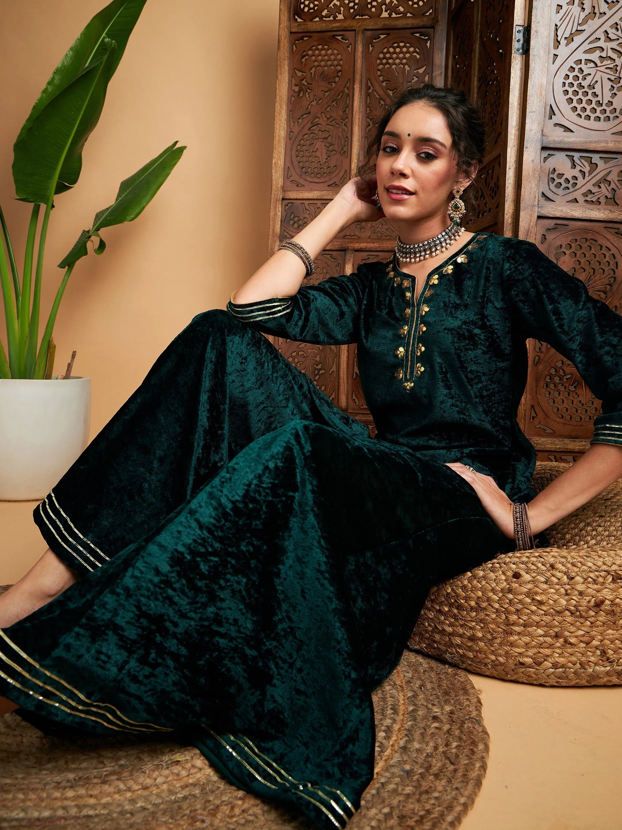 Emerald Green Velvet Kurta | Embroidered Indian Tunic Tops