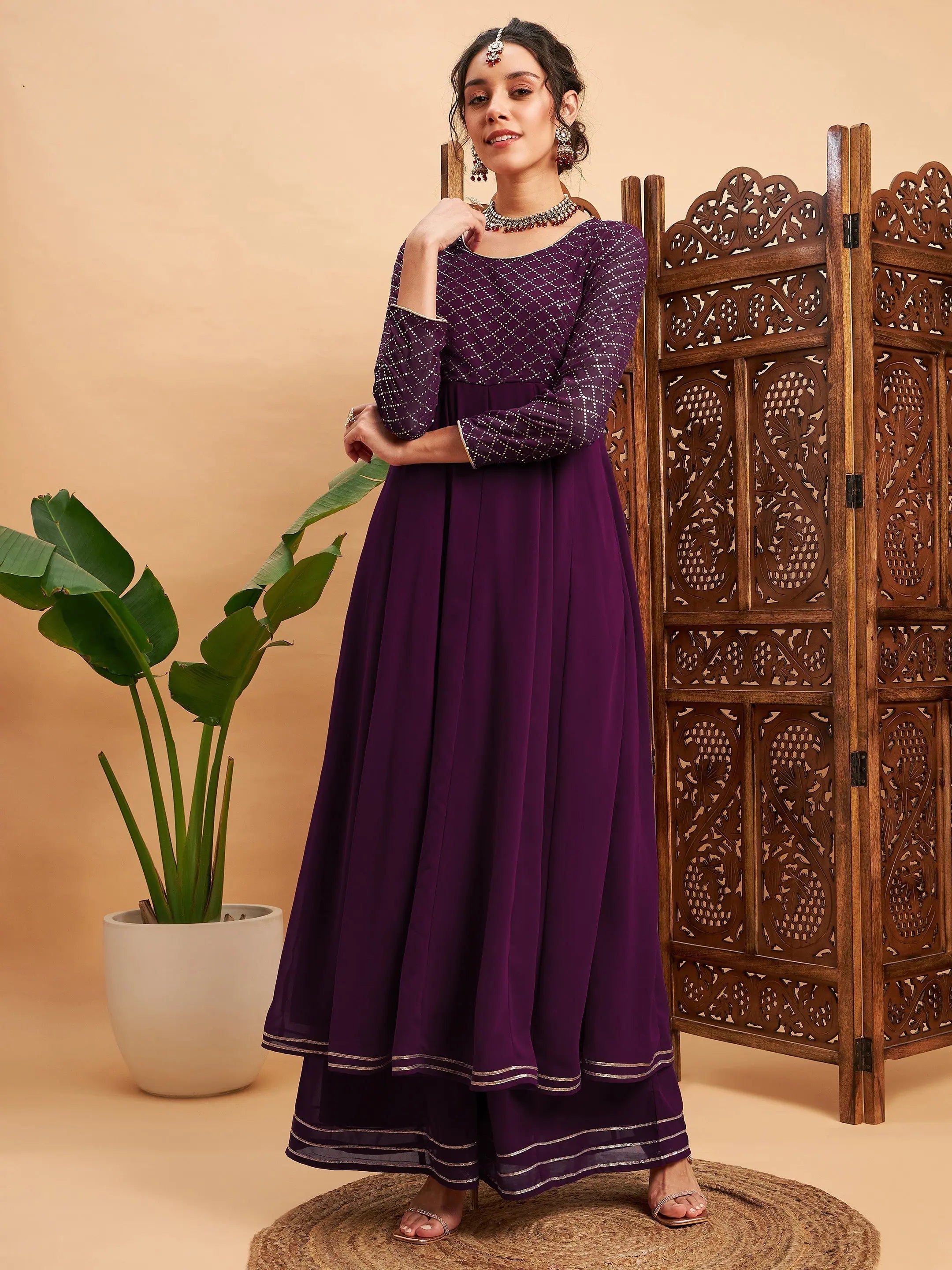 Burgundy Mukaish Work Anarkali Kurta | Anarkali Kurtis for Women
