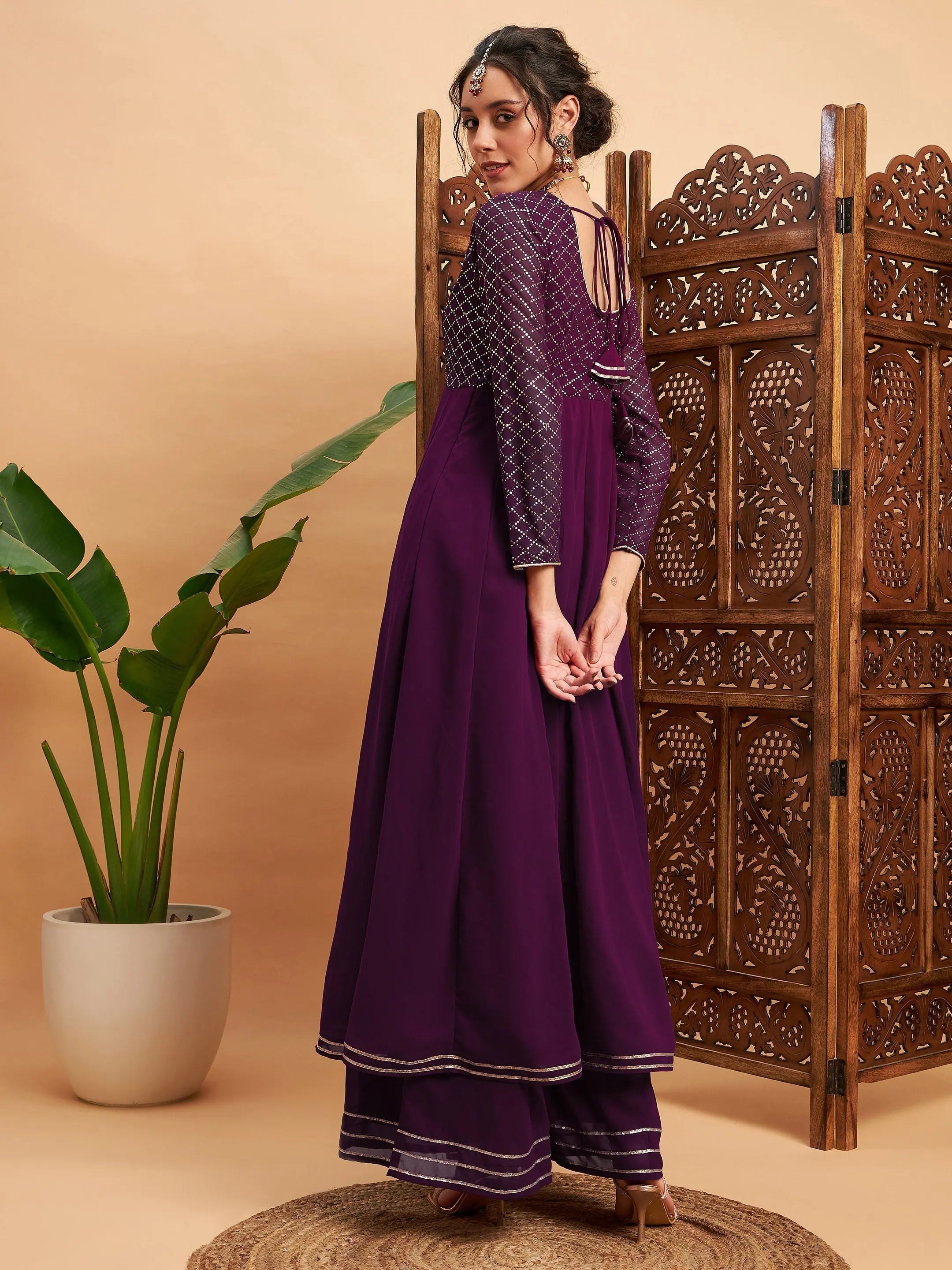 Burgundy Mukaish Work Anarkali Kurta | Anarkali Kurtis for Women