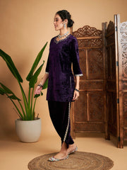 Women Purple Velvet Gota Patti Embroidered Short Kurta