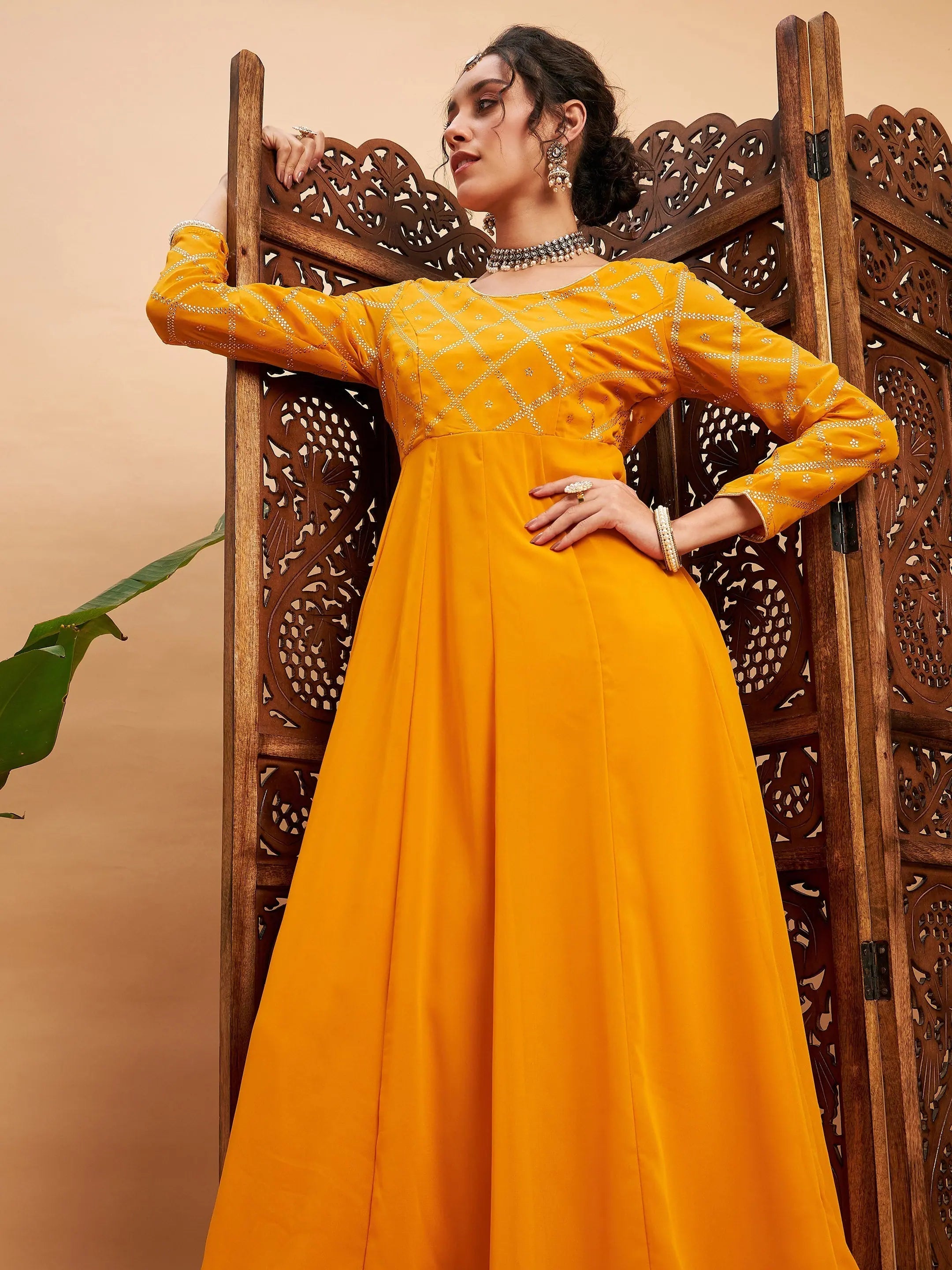 Mustard Anarkali Kurta with Mukaish Work - Women's Anarkali