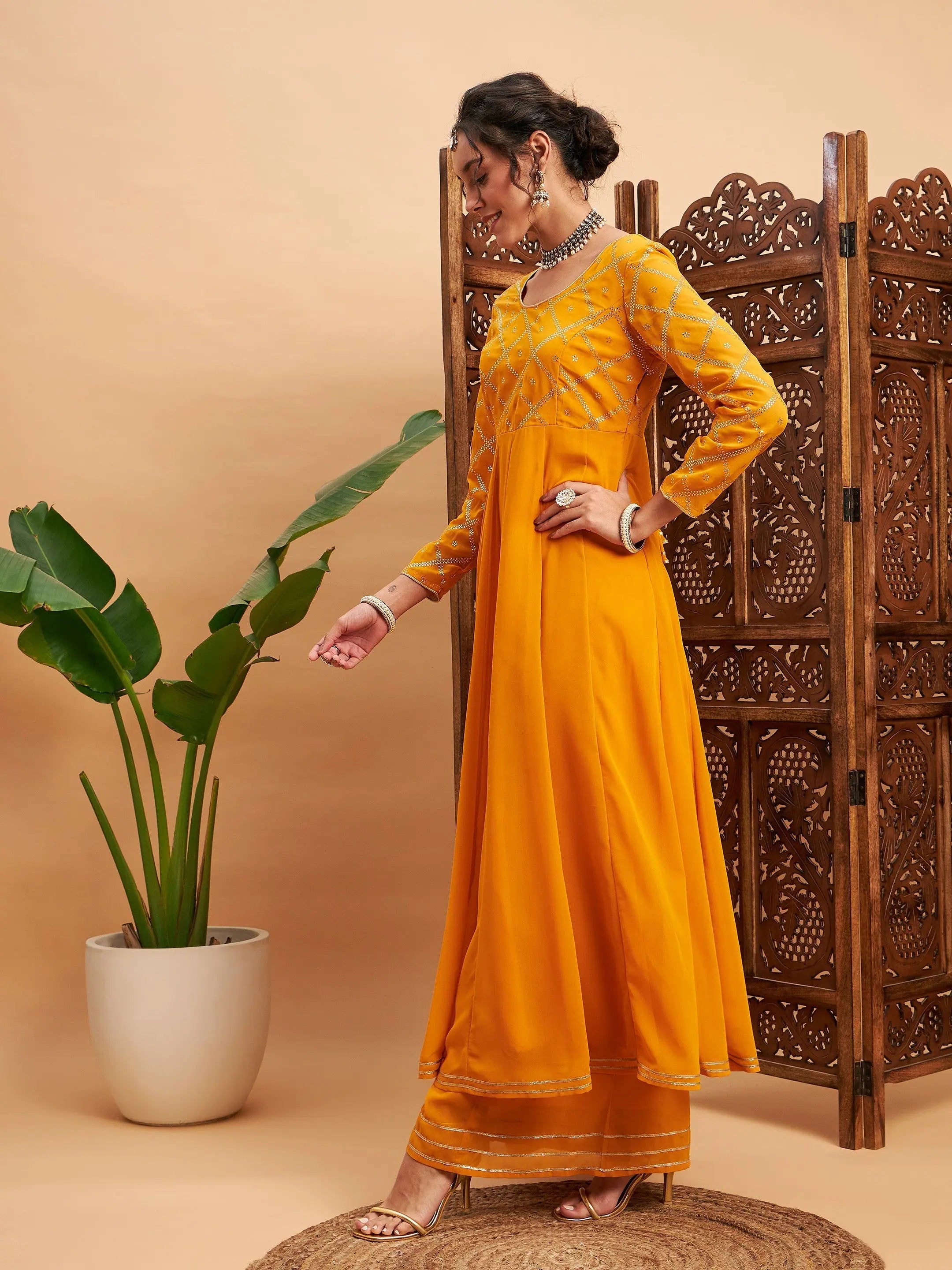 Mustard Anarkali Kurta with Mukaish Work - Women's Anarkali