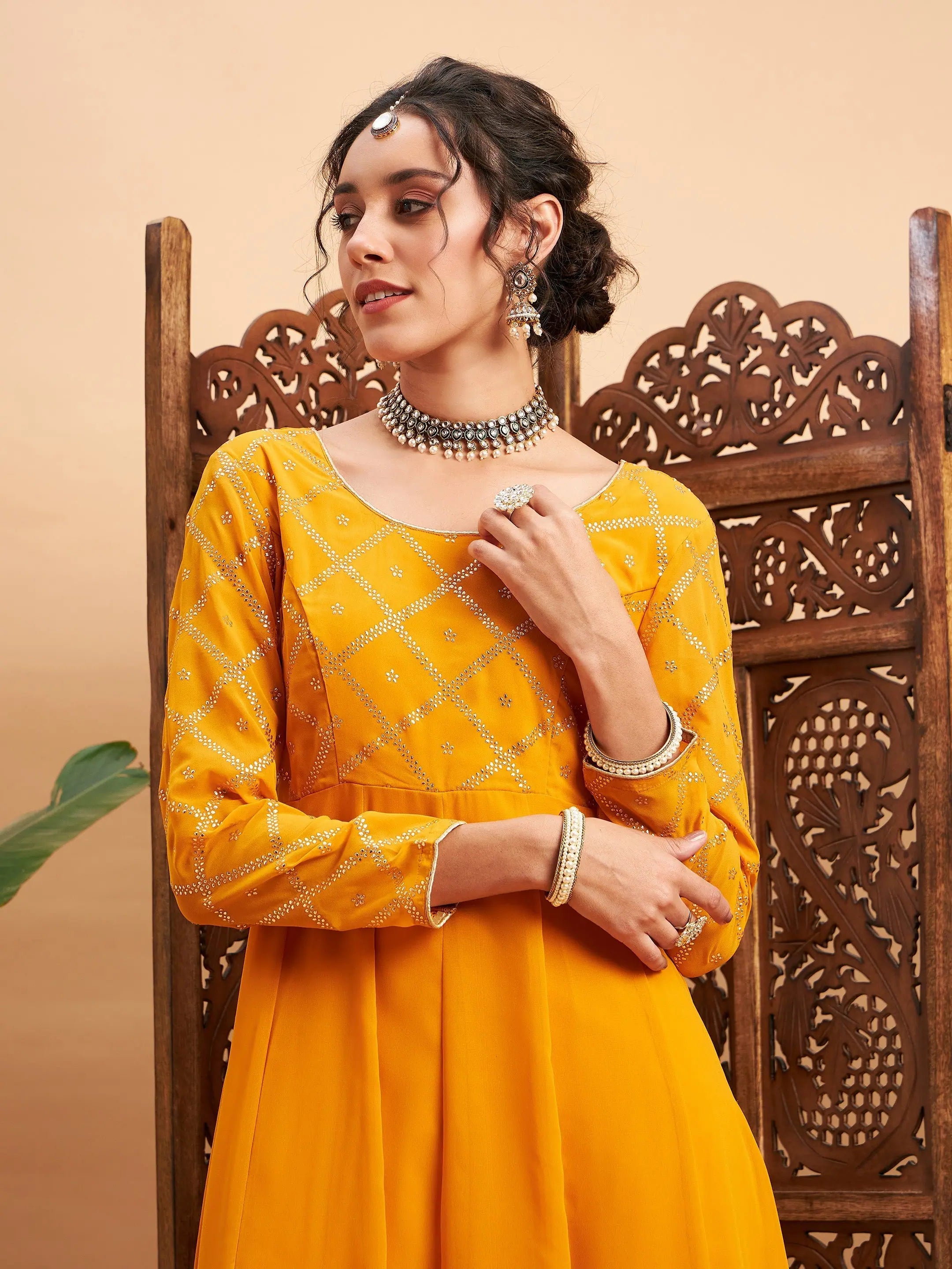 Mustard Anarkali Kurta with Mukaish Work - Women's Anarkali