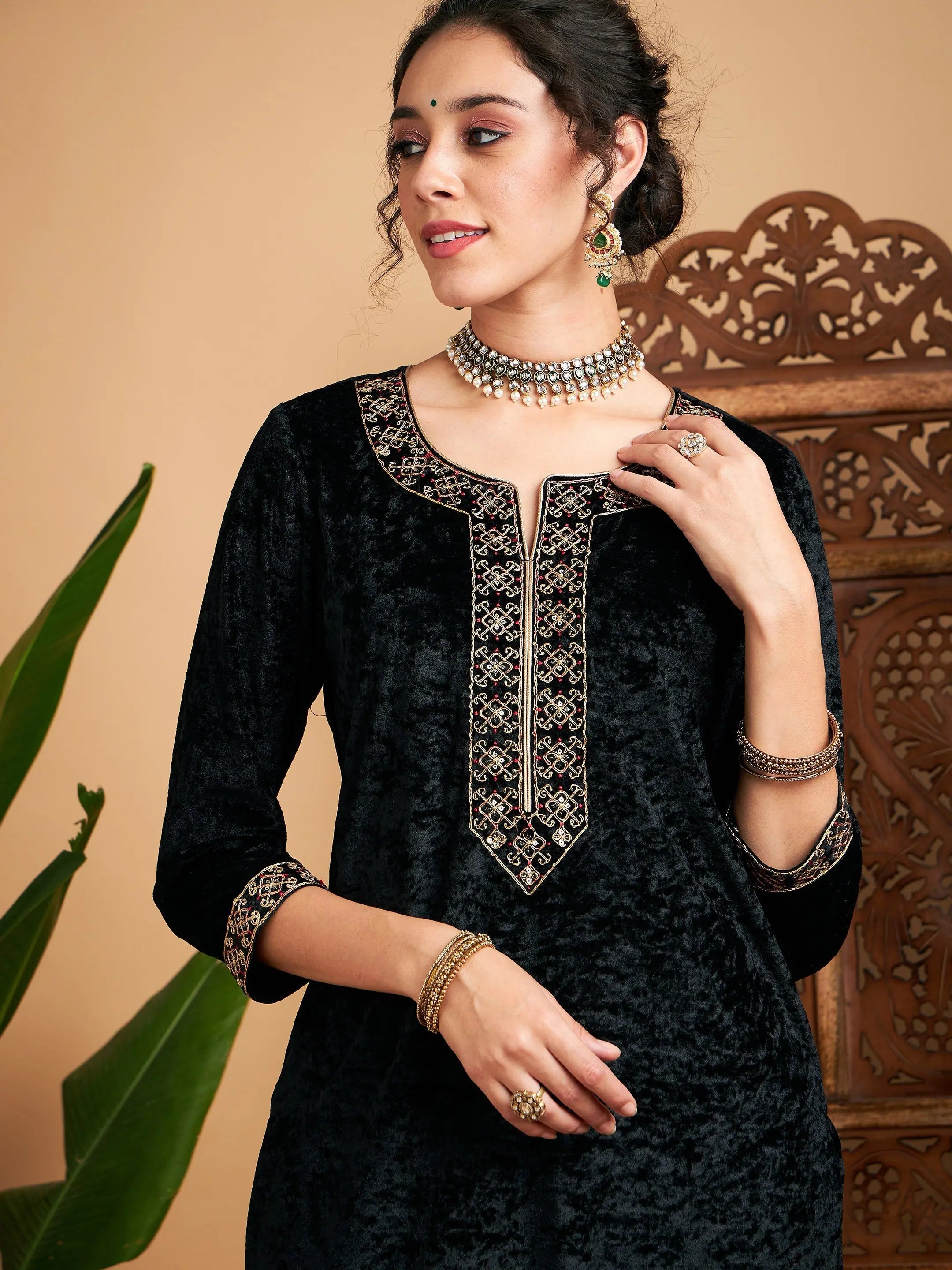 Black Velvet Indian Kurta Ladies - Stylish Piping Detail Kurta