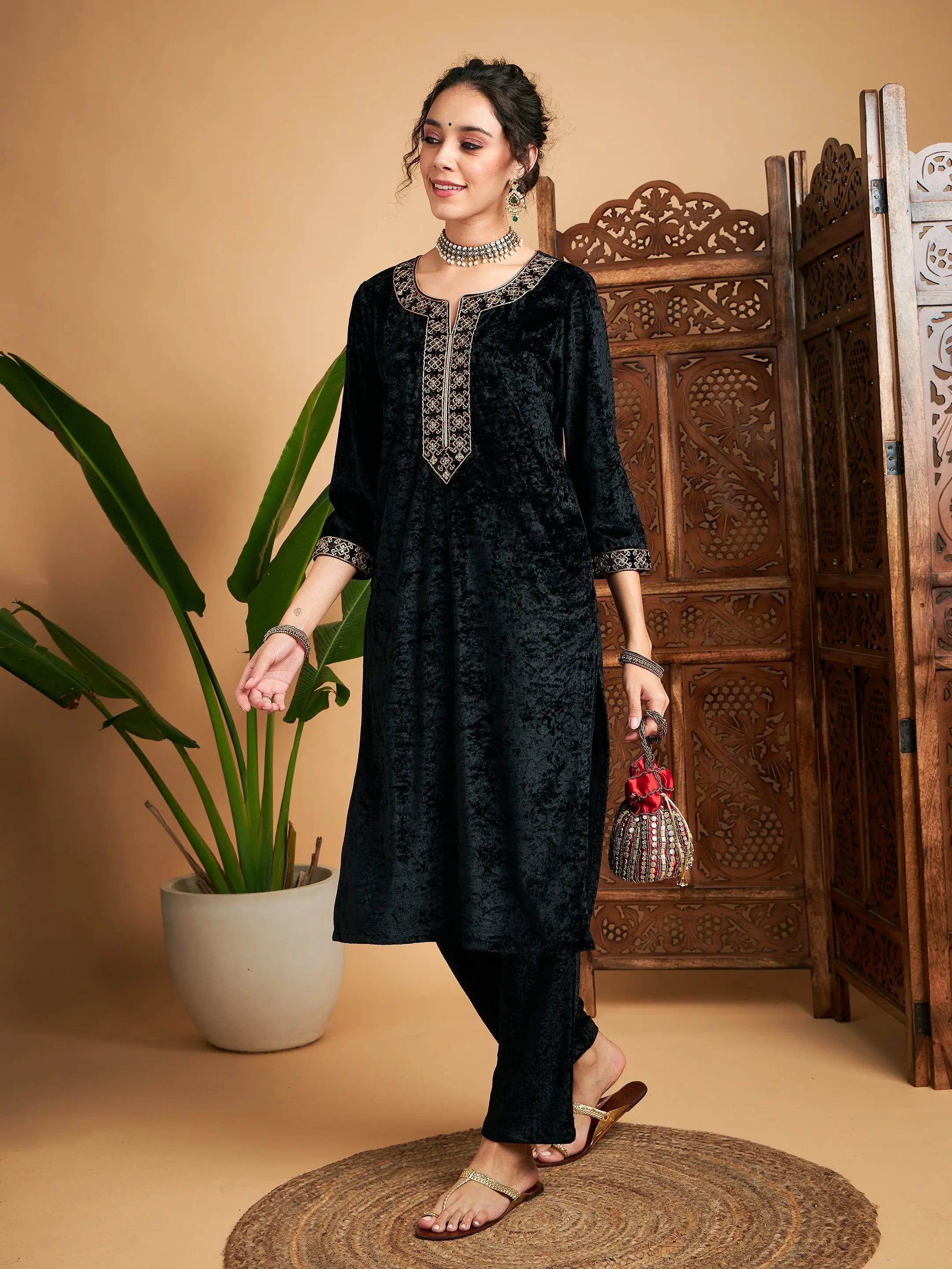 Black Velvet Indian Kurta Ladies - Stylish Piping Detail Kurta