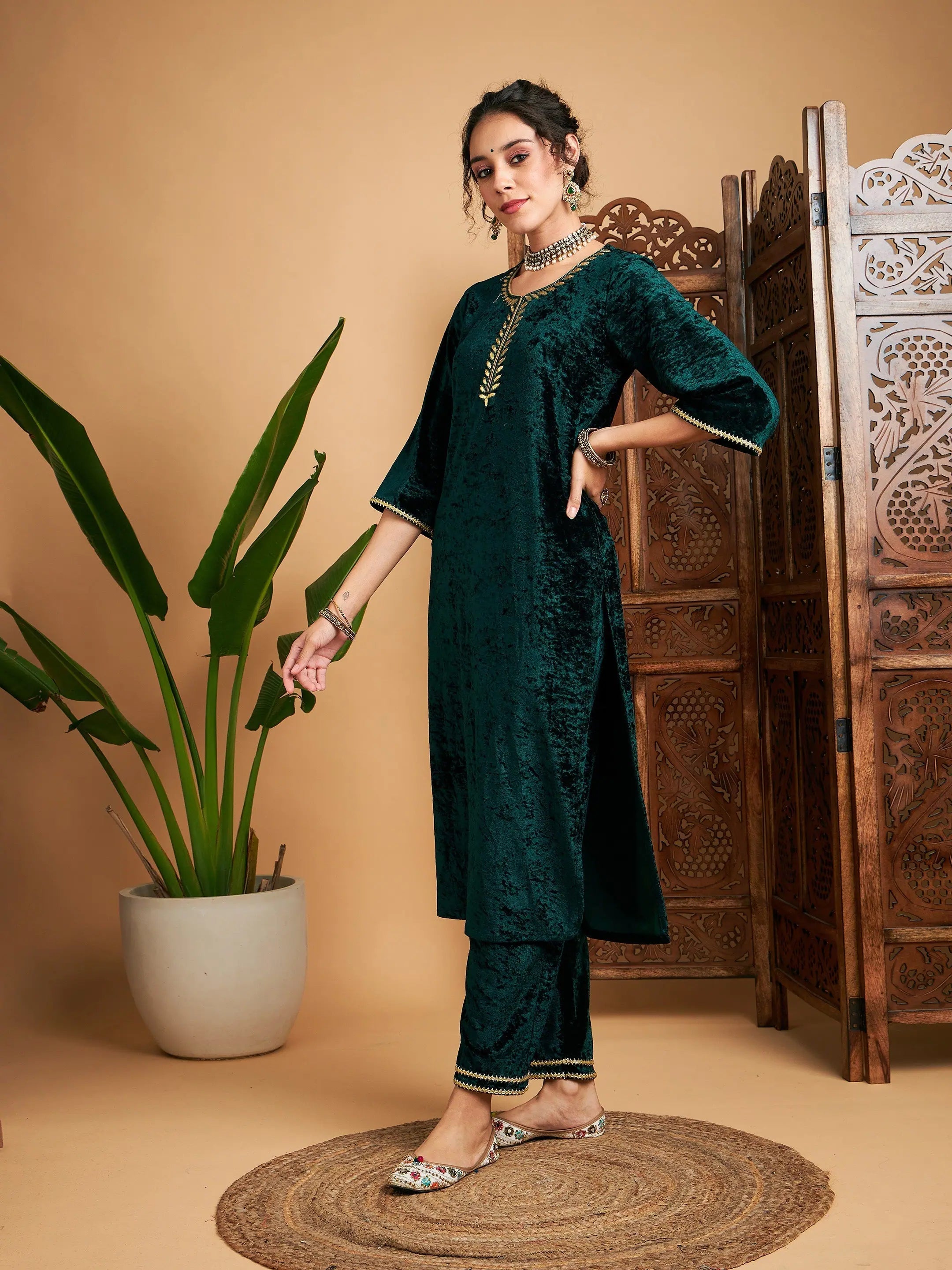 Emerald Green Velvet Indian Kurtis - Contrast Piping, Modern Look