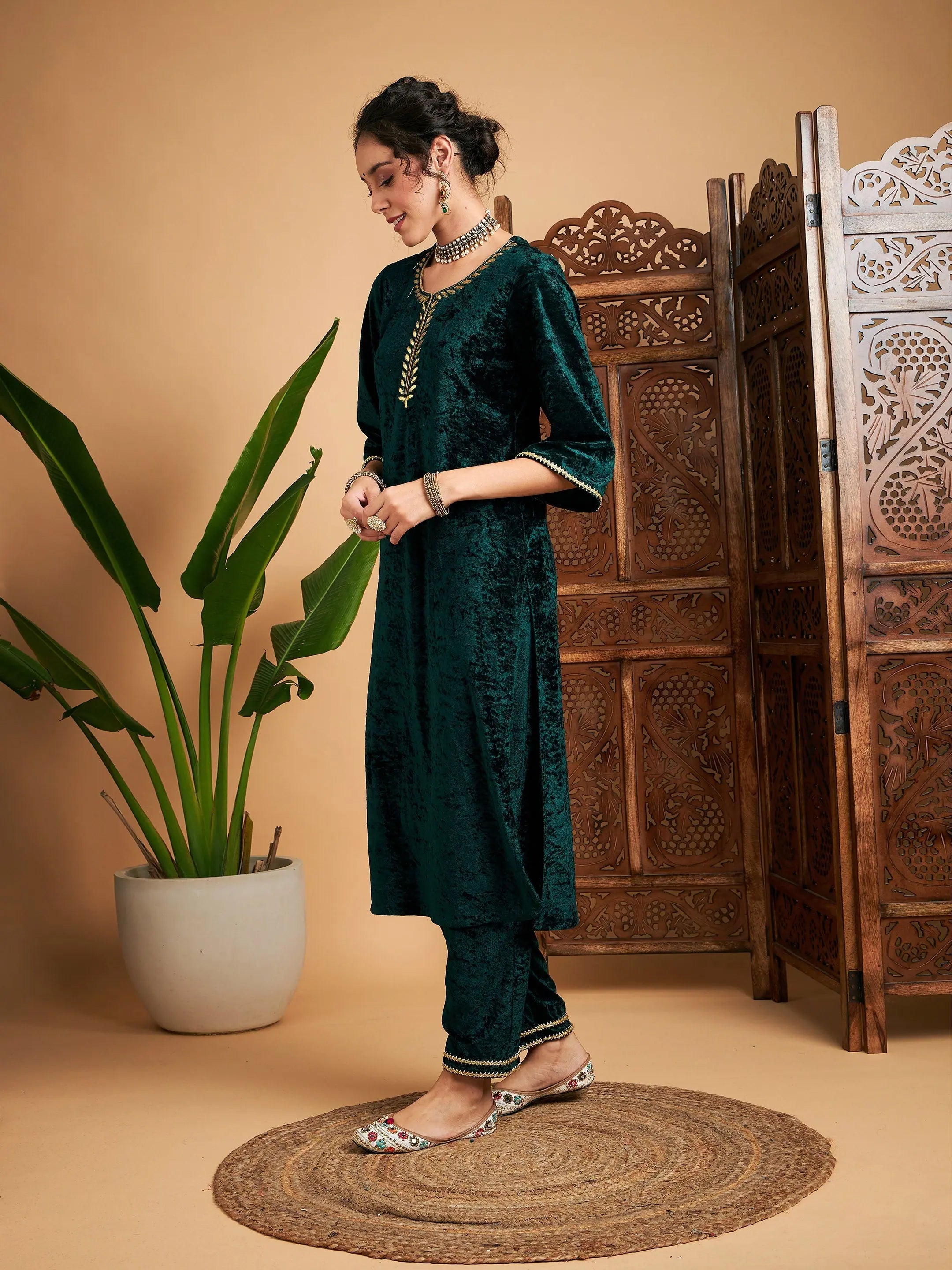 Emerald Green Velvet Indian Kurtis - Contrast Piping, Modern Look