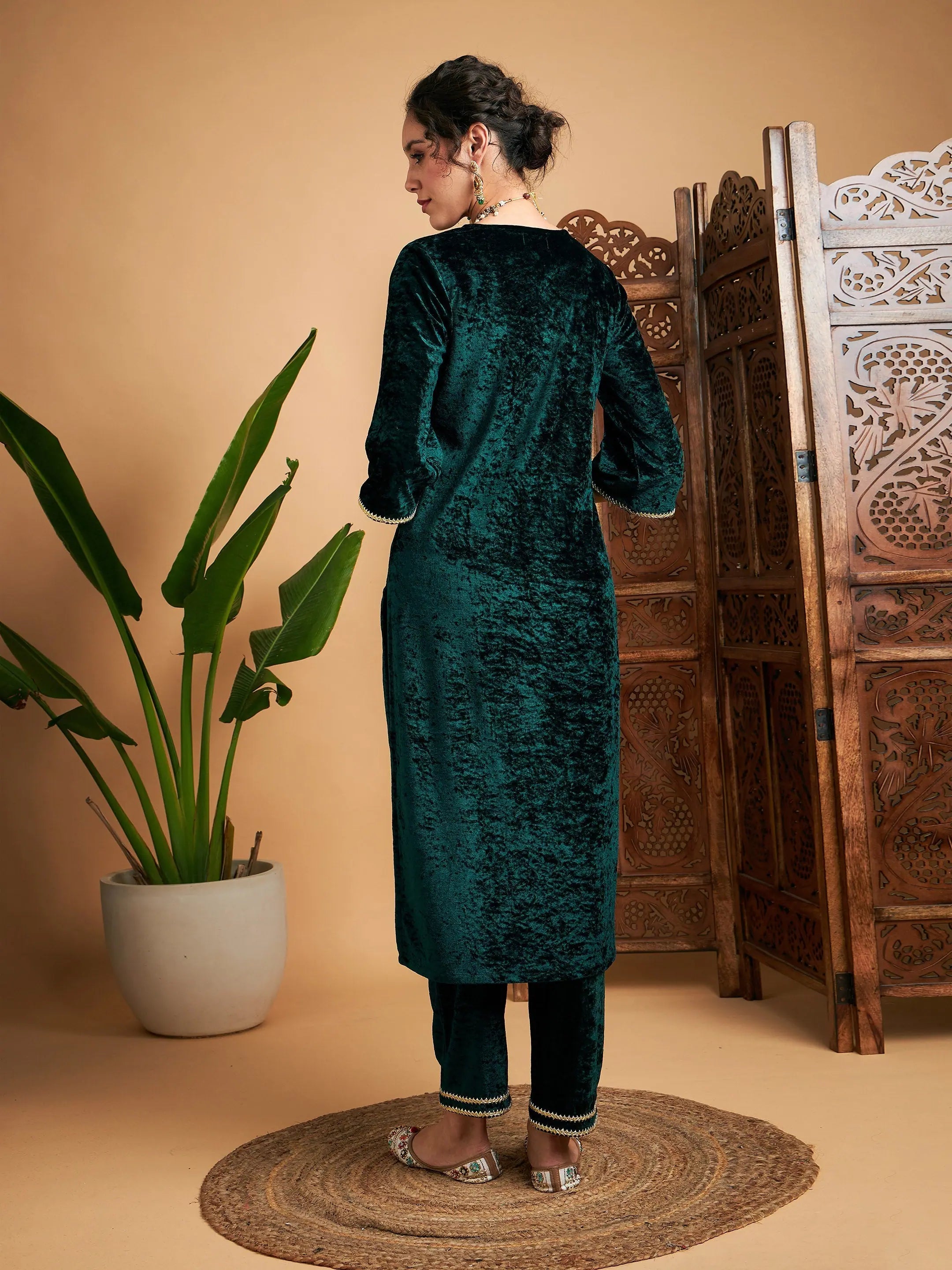 Emerald Green Velvet Indian Kurtis - Contrast Piping, Modern Look