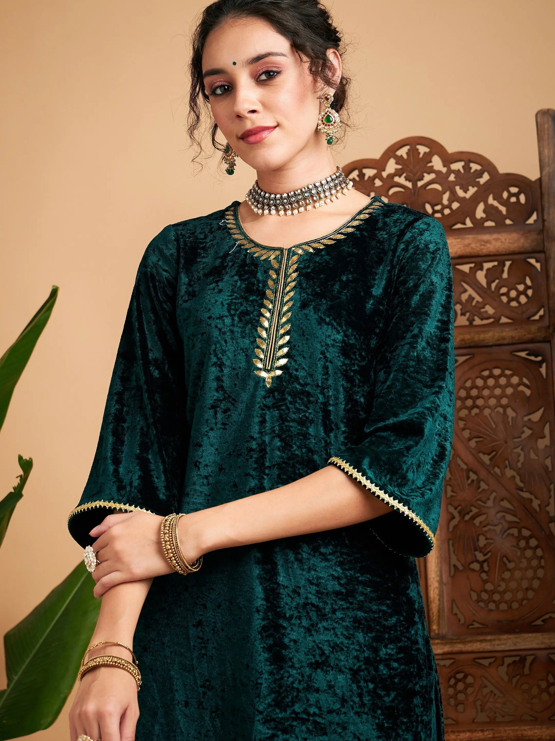 Emerald Green Velvet Indian Kurtis - Contrast Piping, Modern Look