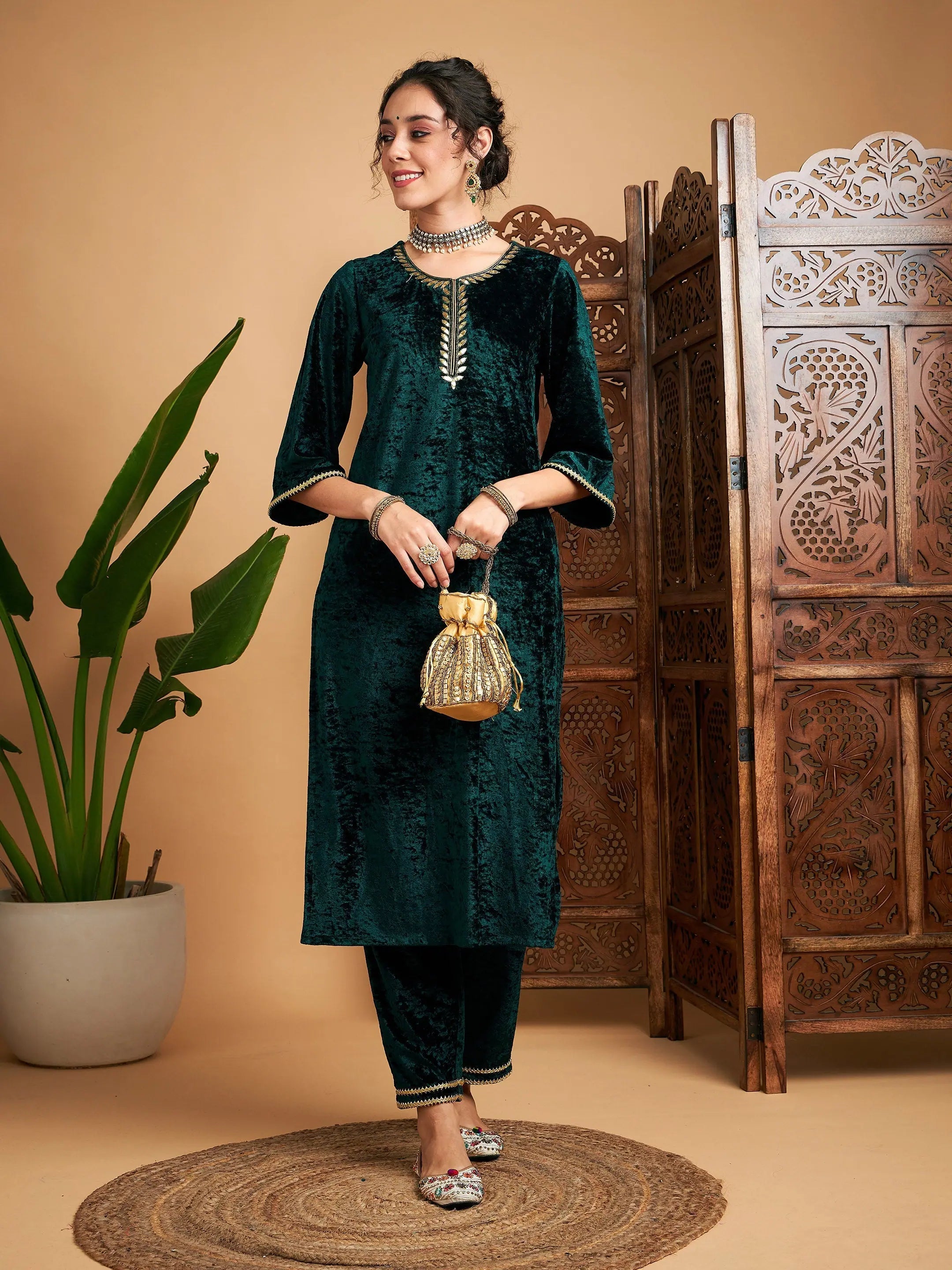 Emerald Green Velvet Indian Kurtis - Contrast Piping, Modern Look
