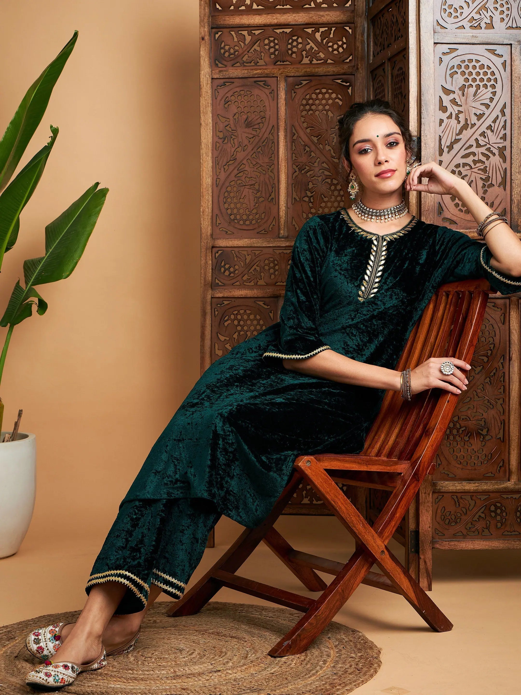 Emerald Green Velvet Indian Kurtis - Contrast Piping, Modern Look