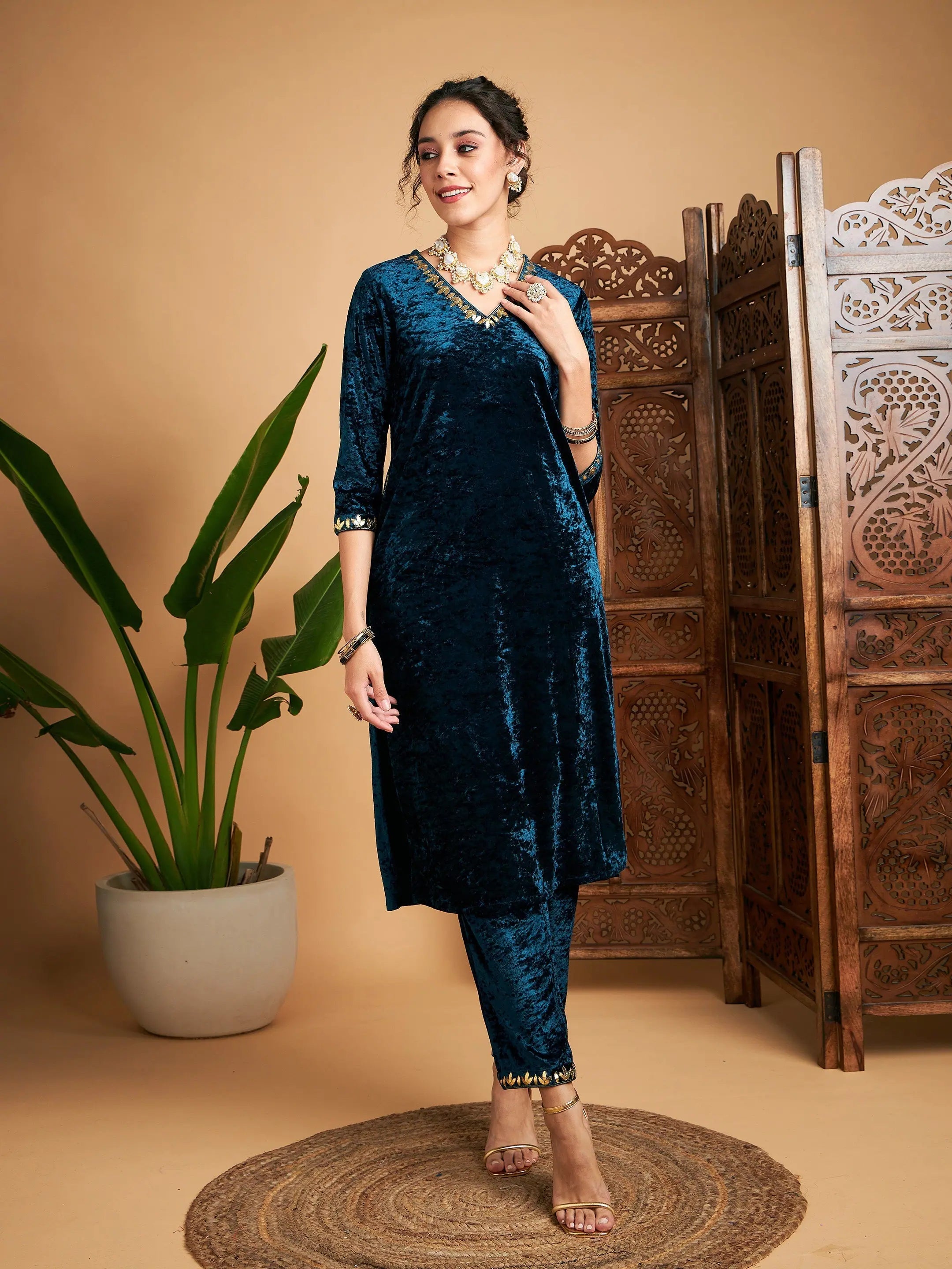 Teal Velvet Embroidered Indian Kurta - Gota Patti Details