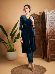 Women Teal Velvet Gota Patti Embroidered Straight Kurta