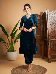 Women Teal Velvet Gota Patti Embroidered Straight Kurta