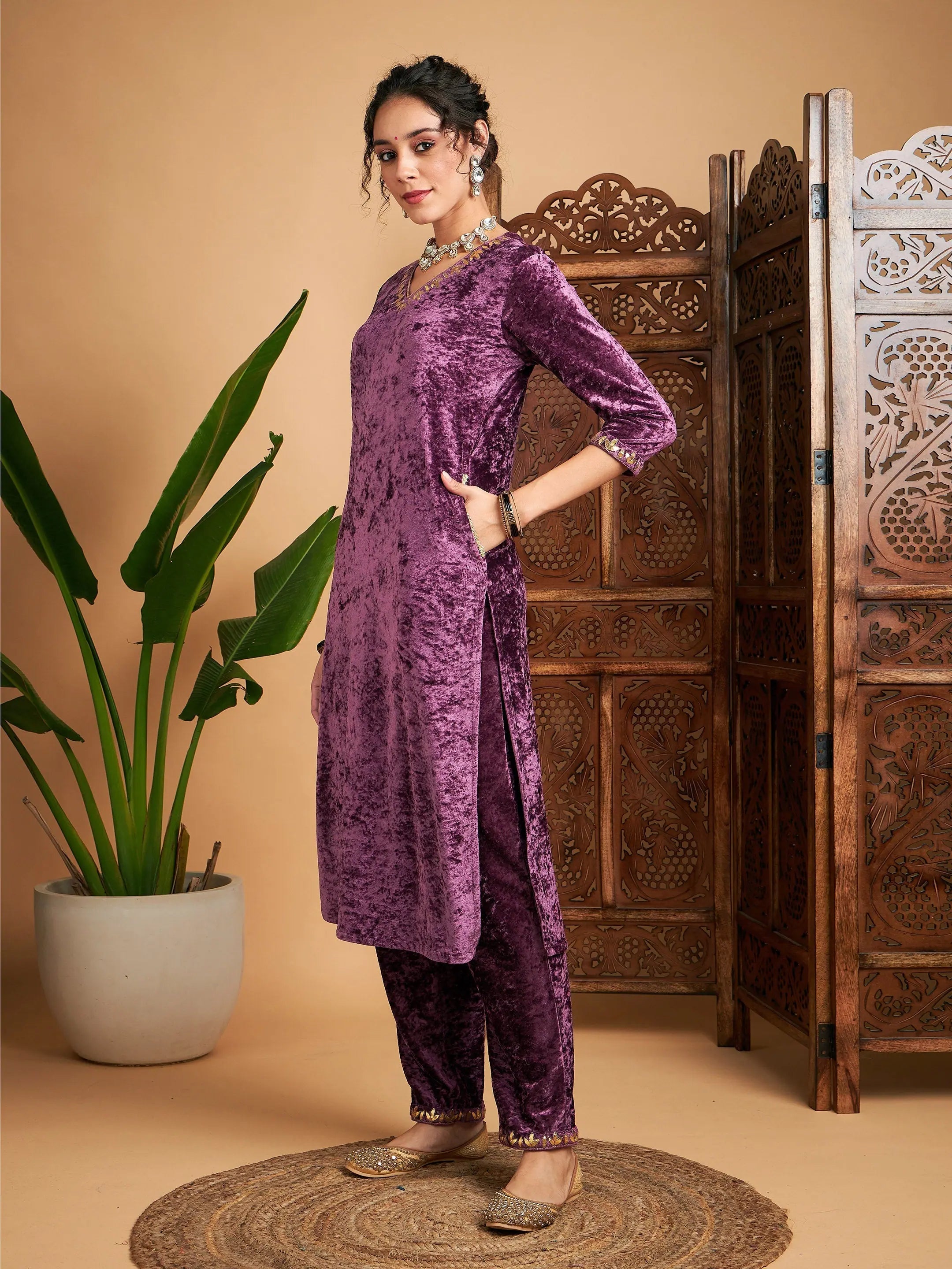 Mauve Velvet Kurta with Gota Patti - Indian Kurtis for Women