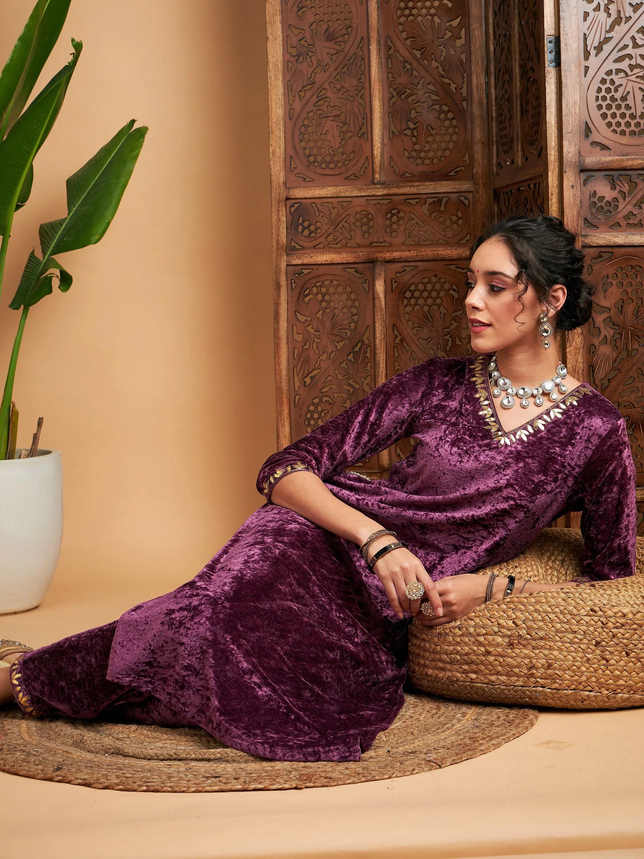 Mauve Velvet Kurta with Gota Patti - Indian Kurtis for Women