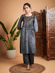 Women Grey Velvet Embroidered Straight Kurta-SHKUR00367XS