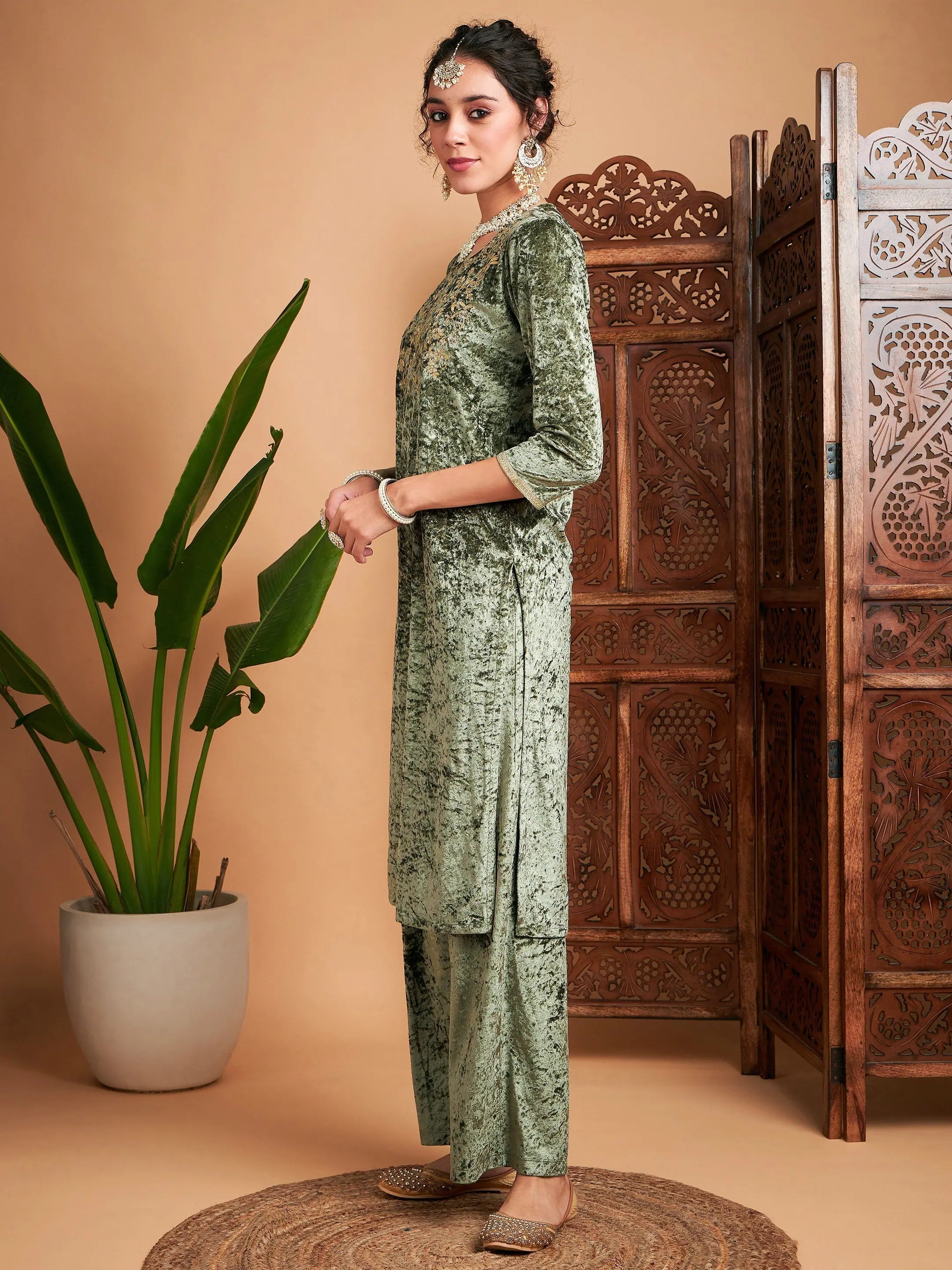 Olive Velvet Sequin Kurta - Embroidered Indian Kurta for Women